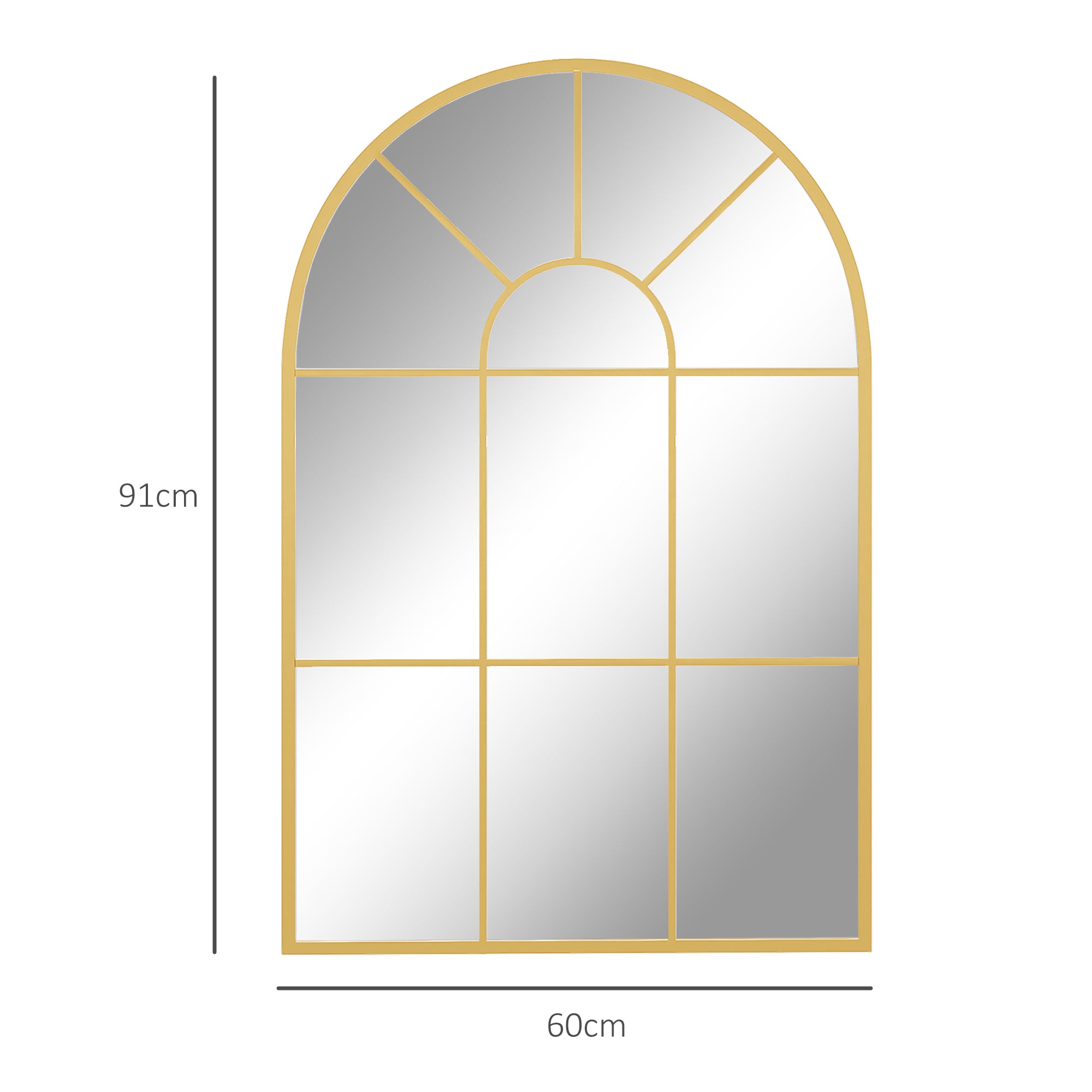 Miroir mural arqué 91 x 60 cm, miroir verrière arche style industriel, miroir de fenêtre arqué avec cadre métallique, pour salon, chambre, couloir, doré