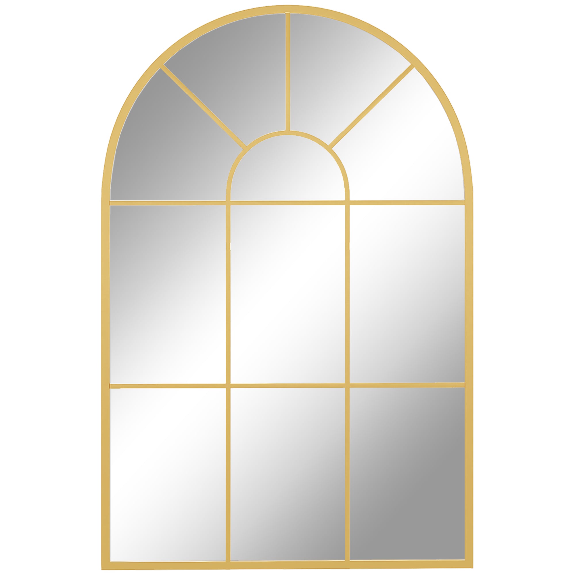 Miroir mural arqué 91 x 60 cm, miroir verrière arche style industriel, miroir de fenêtre arqué avec cadre métallique, pour salon, chambre, couloir, doré