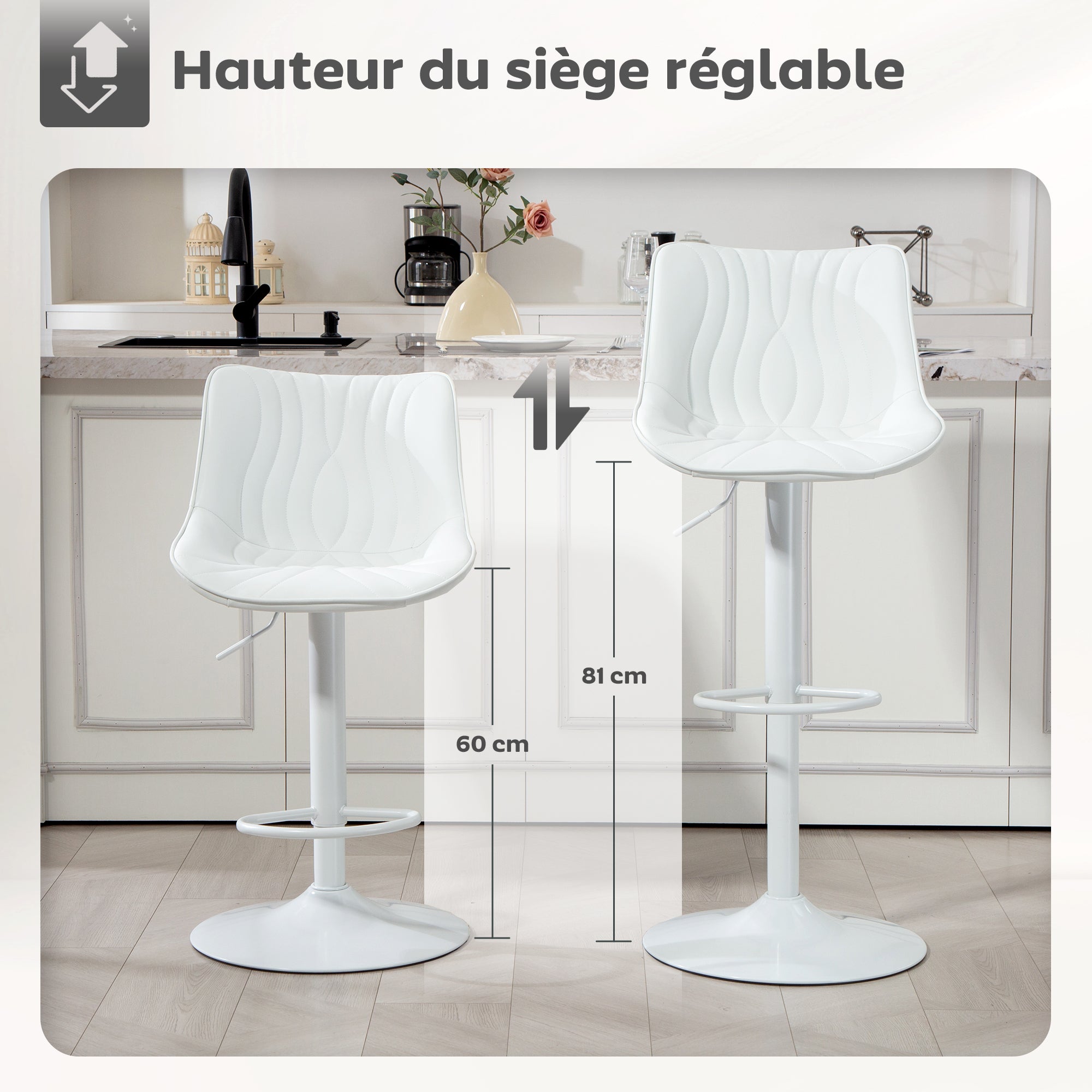 Lot de 2 tabourets de bar, chaises de bar, structure en acier, hauteur réglable 92-110 cm, chaises hautes avec dossier et repose-pieds, design moderne, siège en polyuréthane, blanc