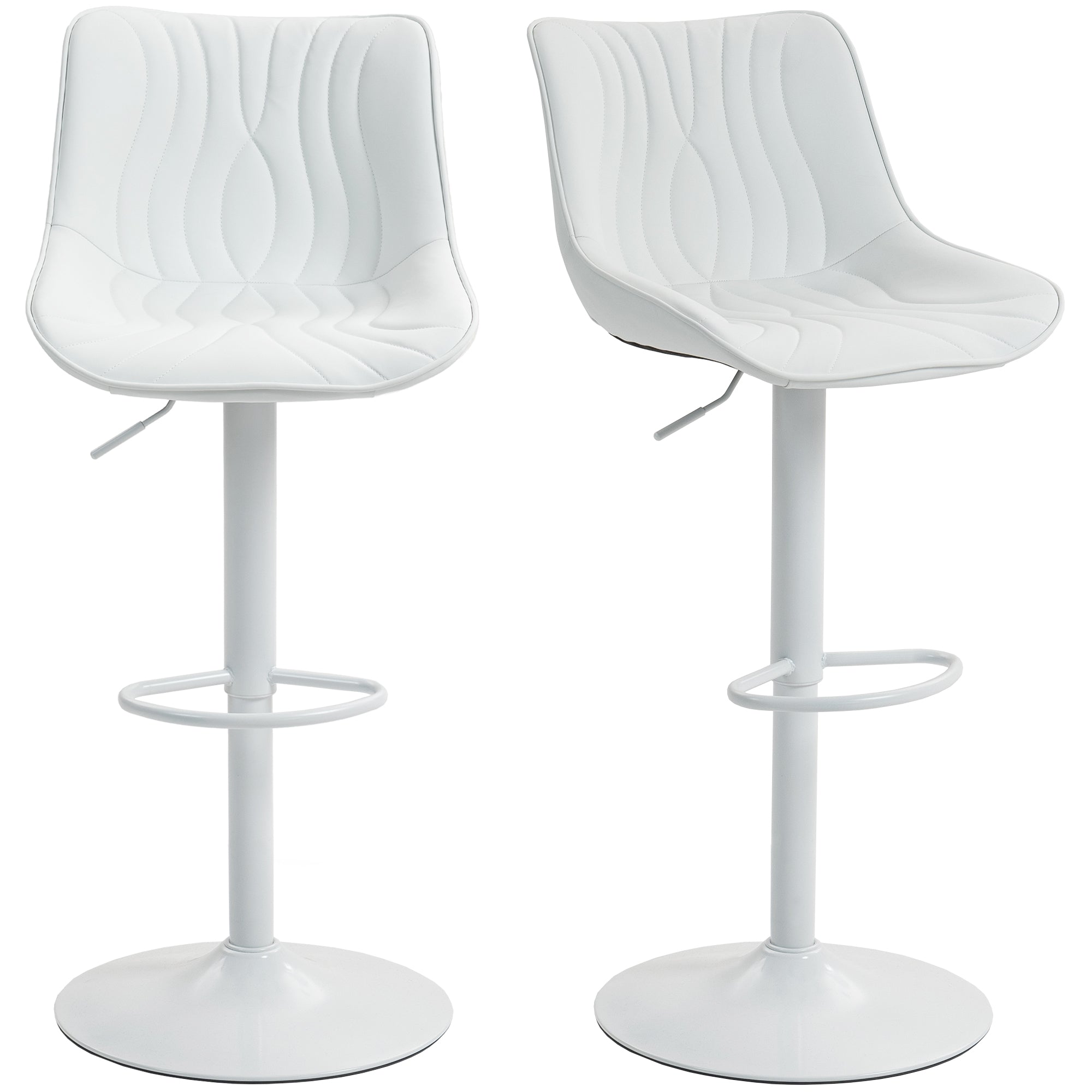 Lot de 2 tabourets de bar, chaises de bar, structure en acier, hauteur réglable 92-110 cm, chaises hautes avec dossier et repose-pieds, design moderne, siège en polyuréthane, blanc