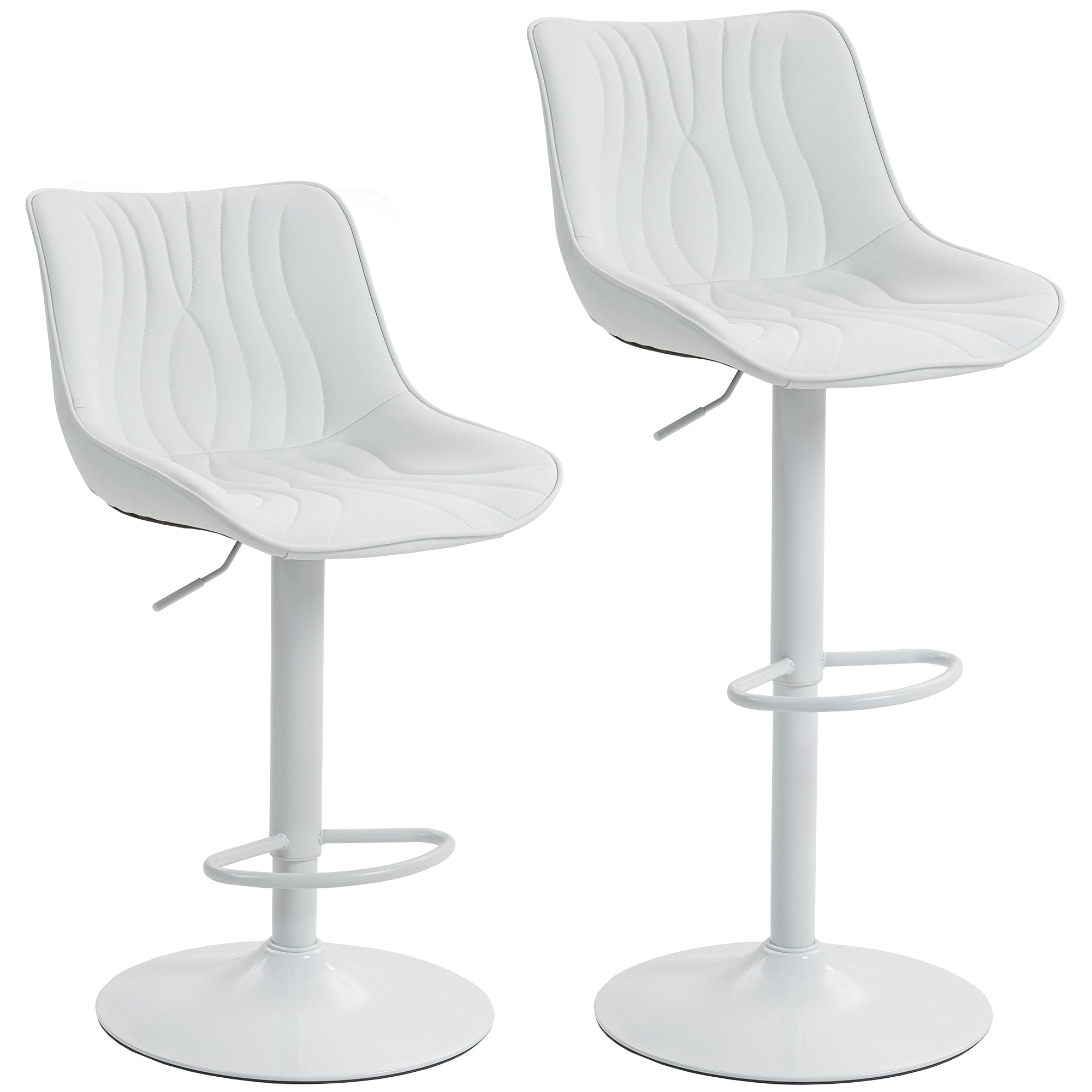 Lot de 2 tabourets de bar, chaises de bar, structure en acier, hauteur réglable 92-110 cm, chaises hautes avec dossier et repose-pieds, design moderne, siège en polyuréthane, blanc