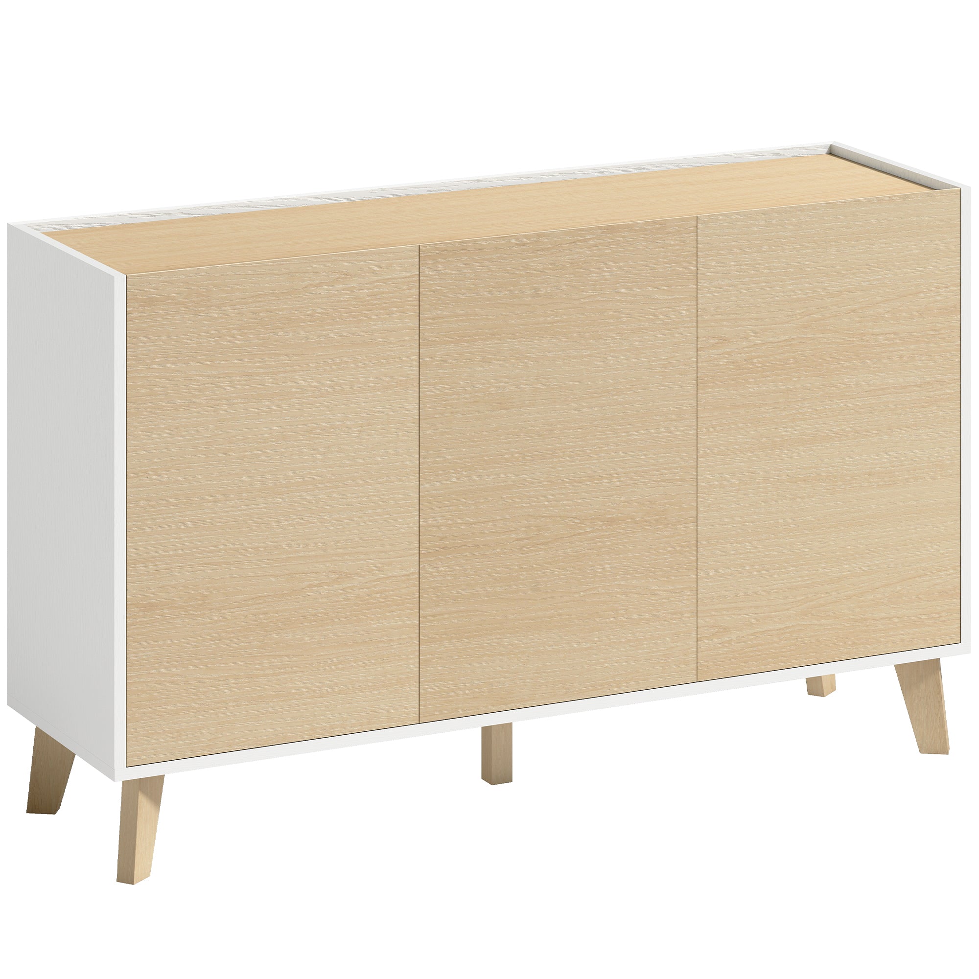 Buffet Cuisine, Meuble de Rangement Nordique, 3 Portes à Fermeture Douce, 6 Compartiments, Meuble TV pour Téléviseurs 50 Pouces, pour Salon et Chambre, 120x35x73,5cm, Bois Naturel et Blanc