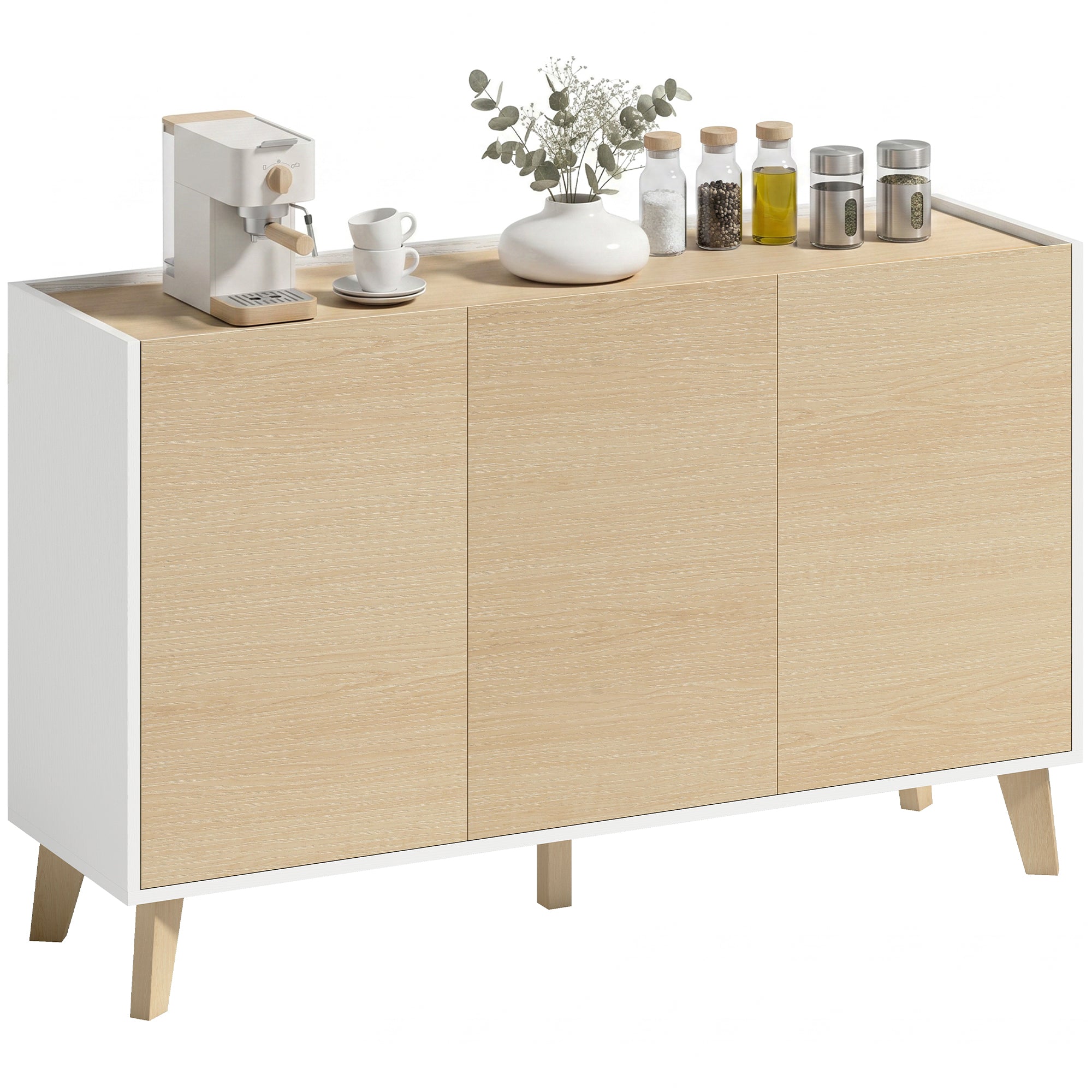 Buffet Cuisine, Meuble de Rangement Nordique, 3 Portes à Fermeture Douce, 6 Compartiments, Meuble TV pour Téléviseurs 50 Pouces, pour Salon et Chambre, 120x35x73,5cm, Bois Naturel et Blanc