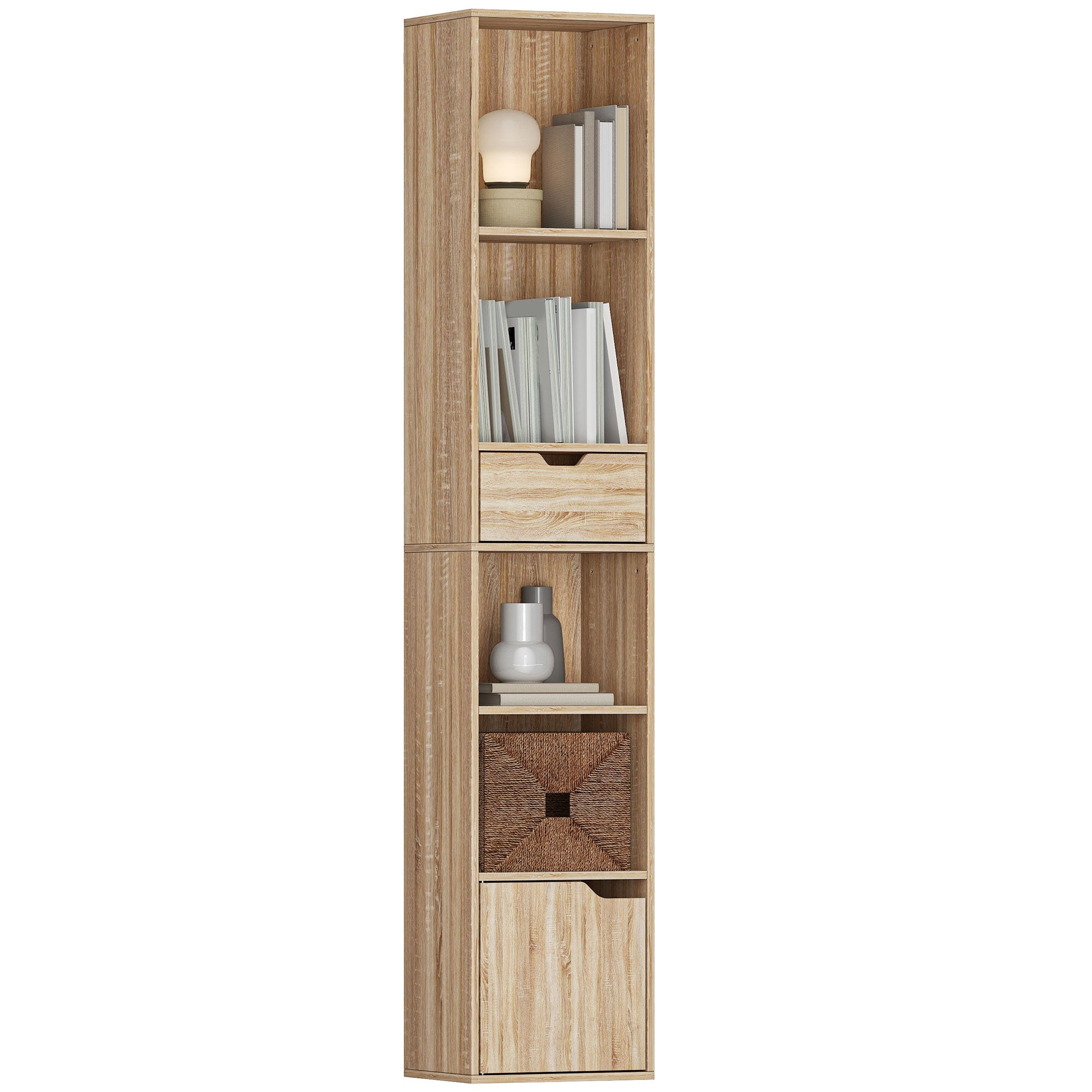 Bibliothèque, étagère à livres, meuble de rangement avec tiroir, placard et compartiments ouvertes, étagère de rangement pour salon, chambre bureau, 30 x 24 x 158 cm, bois naturel