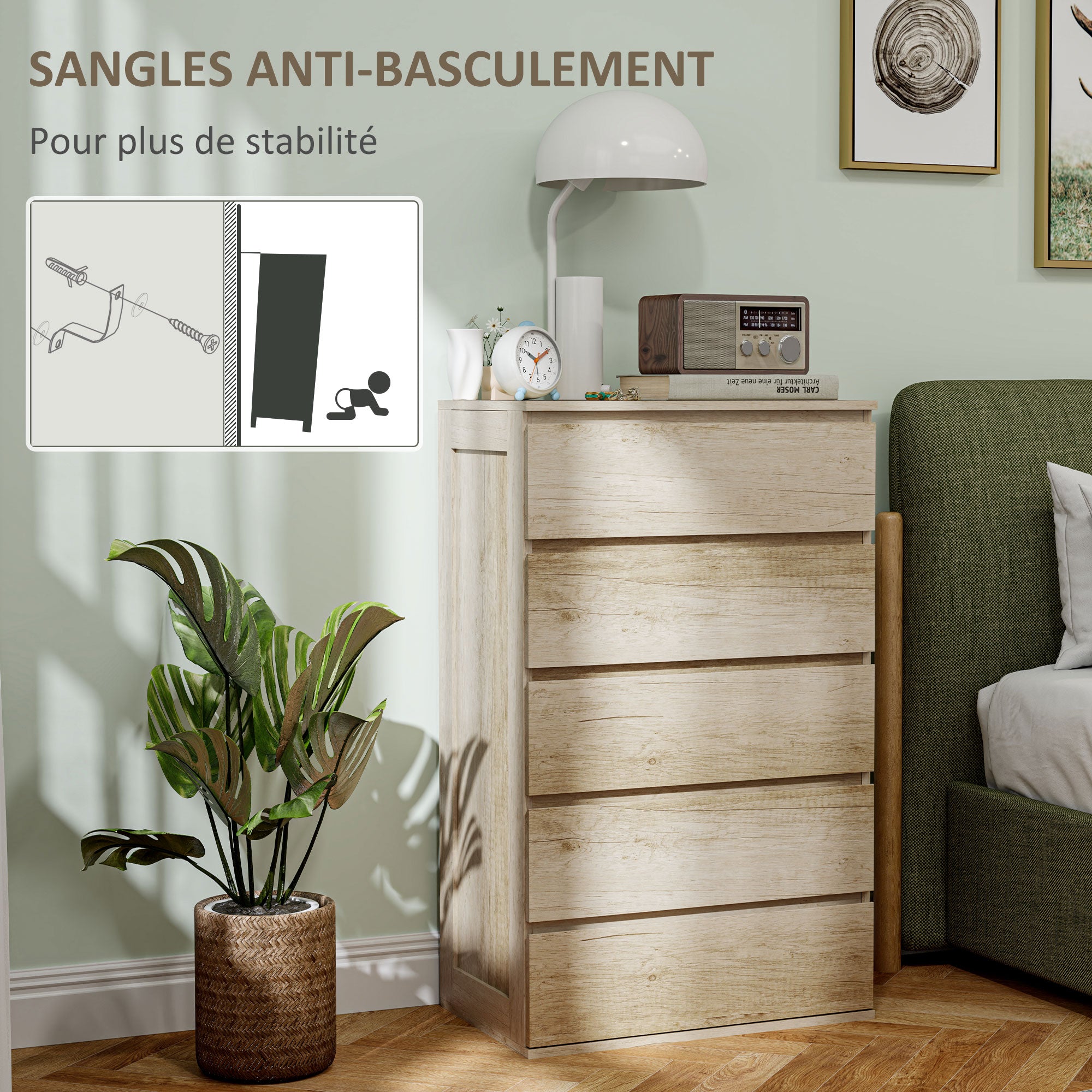 Commode 5 tiroirs commode chambre meuble de rangement épuré style moderne avec mécanisme de fermeture en douceur, pour chambre à coucher, salon - 60 x 38 x 100 cm, bois naturel