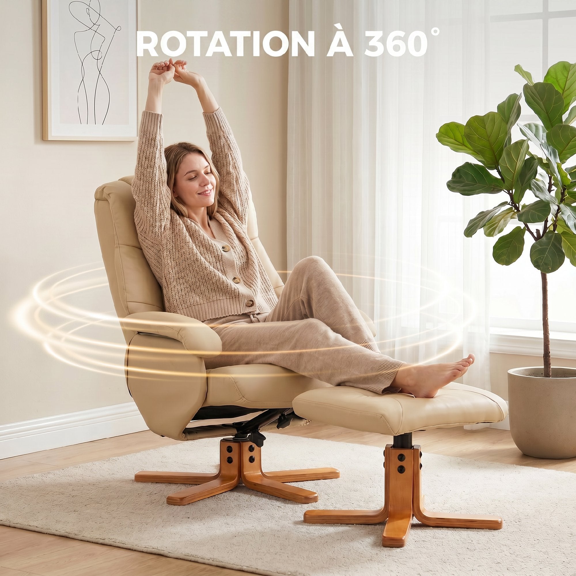Fauteuil relax avec repose-pied fauteuil de relaxation chaise relaxant pivotant 360° et dossier inclinable chaise TV charge jusqu'à 120 Kg pour salon, chambre, bureau, beige