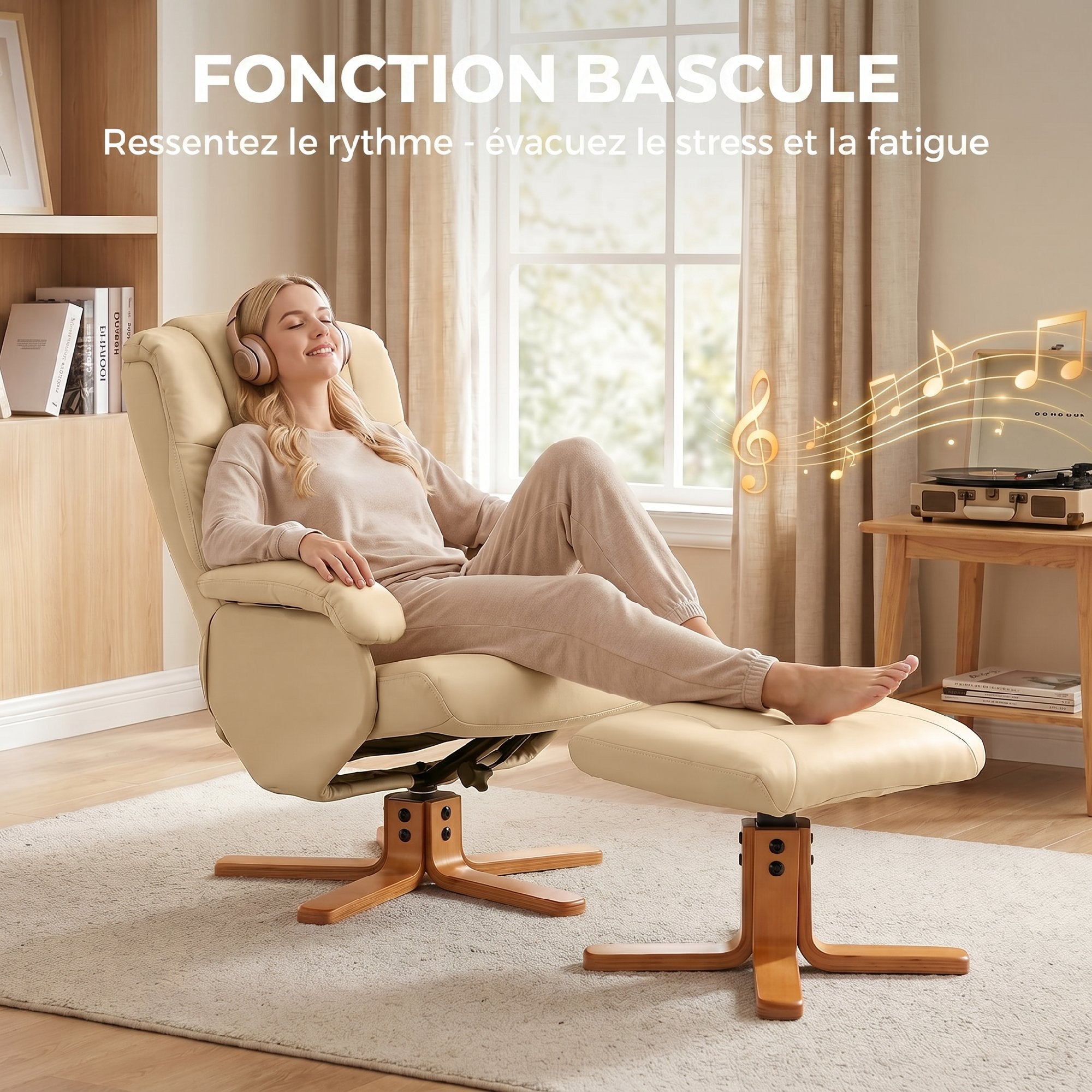 Fauteuil relax avec repose-pied fauteuil de relaxation chaise relaxant pivotant 360° et dossier inclinable chaise TV charge jusqu'à 120 Kg pour salon, chambre, bureau, beige