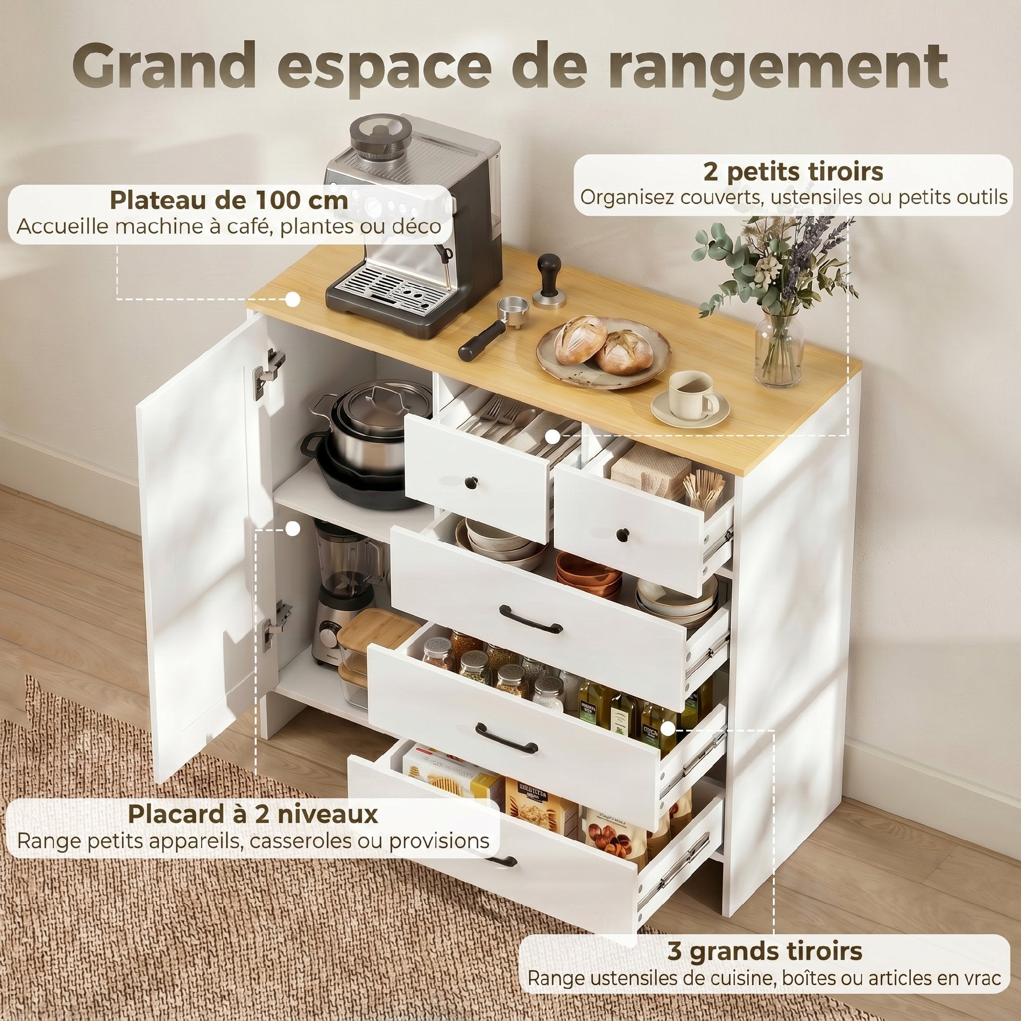 Buffet Cuisine, Meuble de Rangement avec 5 Tiroirs et Porte, Style Rustique, Meuble TV, Buffet Salle à Manger, Salon et Chambre, 100 x 40 x 94 cm, Blanc