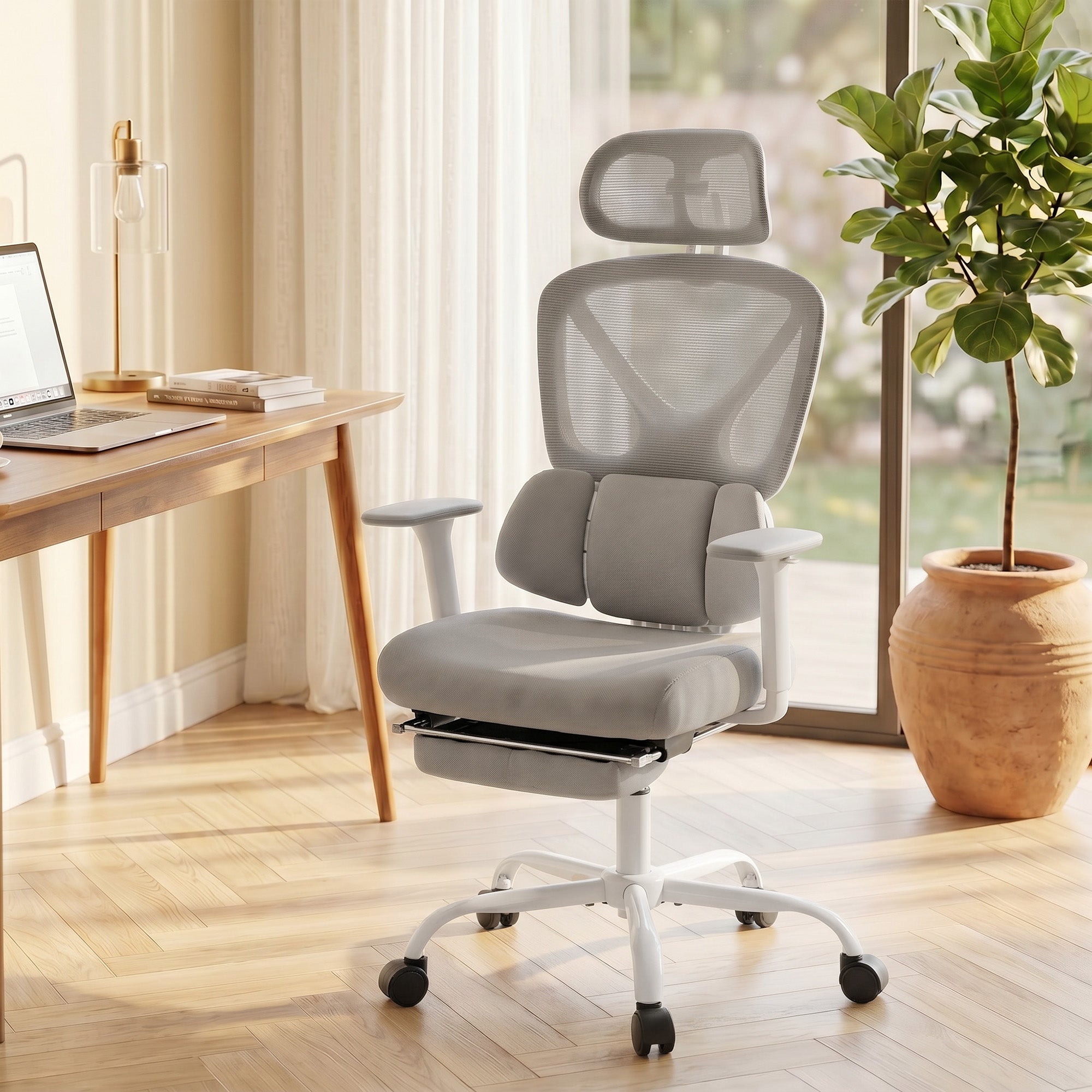 Chaise bureau ergonomique, fauteuil de bureau avec soutien lombaire dynamique adaptatif, accoudoirs 3D, dossier inclinable, hauteur et appui-tête réglables, repose-pieds, pivotant à 360°, gris