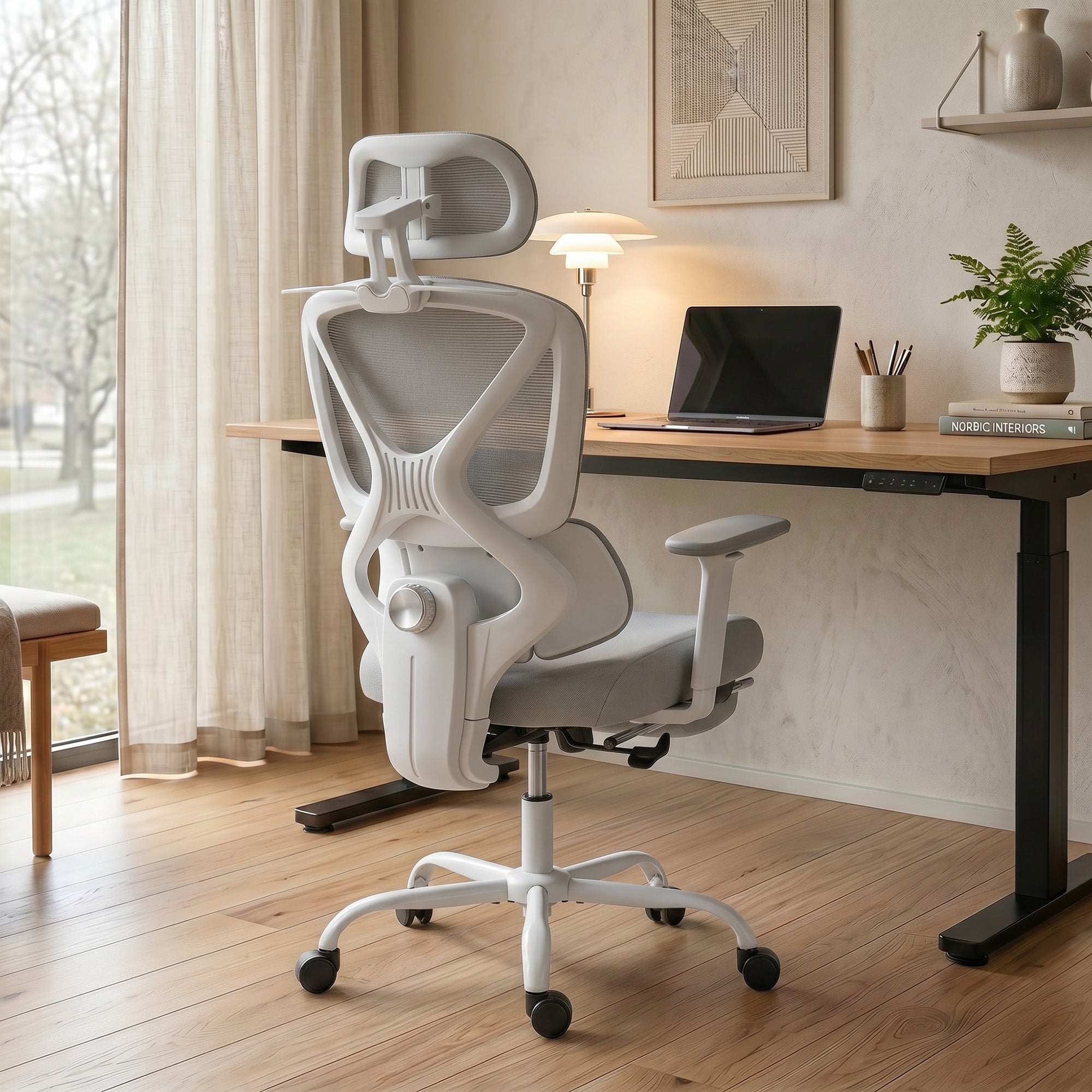 Chaise bureau ergonomique, fauteuil de bureau avec soutien lombaire dynamique adaptatif, accoudoirs 3D, dossier inclinable, hauteur et appui-tête réglables, repose-pieds, pivotant à 360°, gris