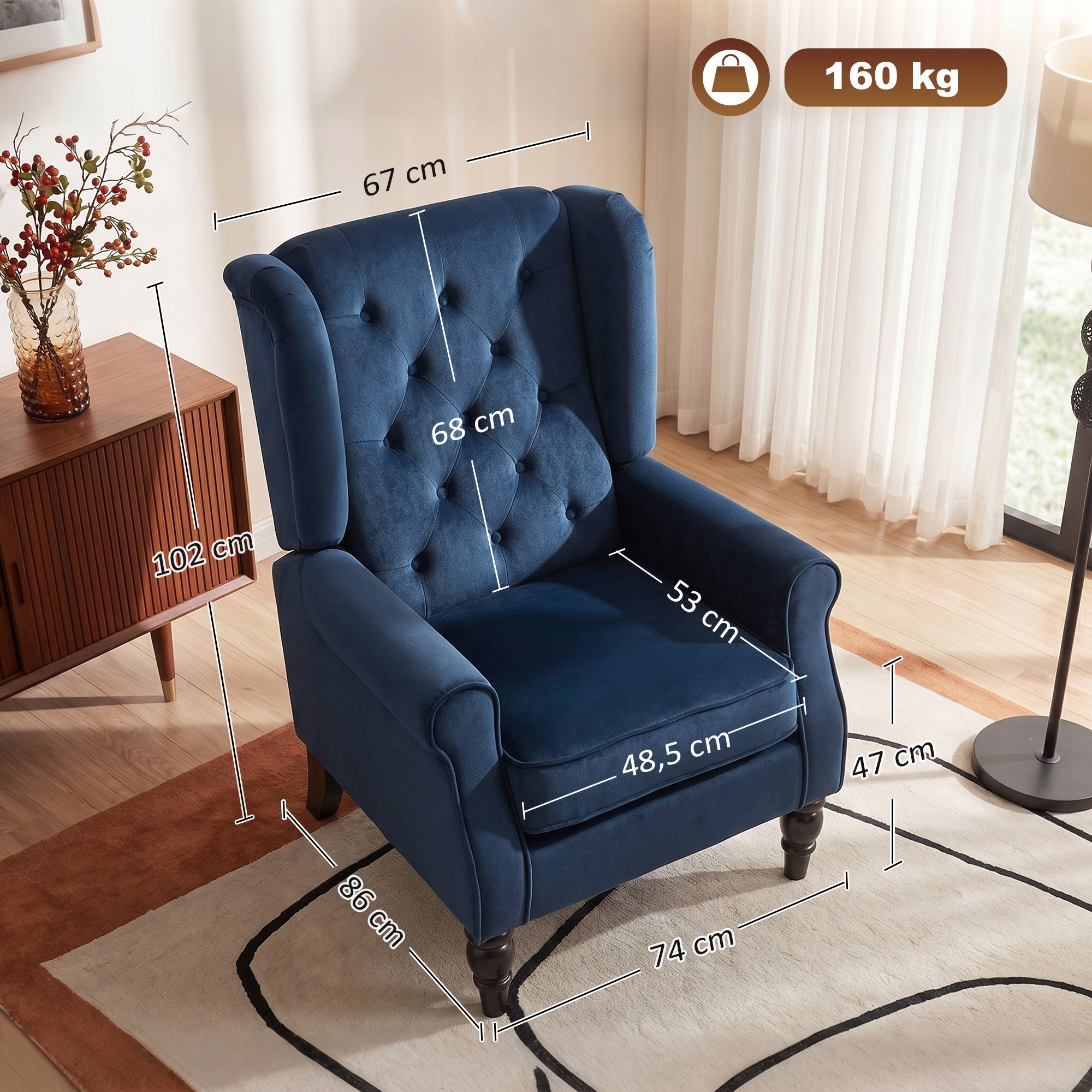 Fauteuil de Salon, Fauteuil Capitonné avec Pieds en Bois, Assise Large, Grand Confort, Style Classique, 74 x 86 x 102 cm, bleu foncé