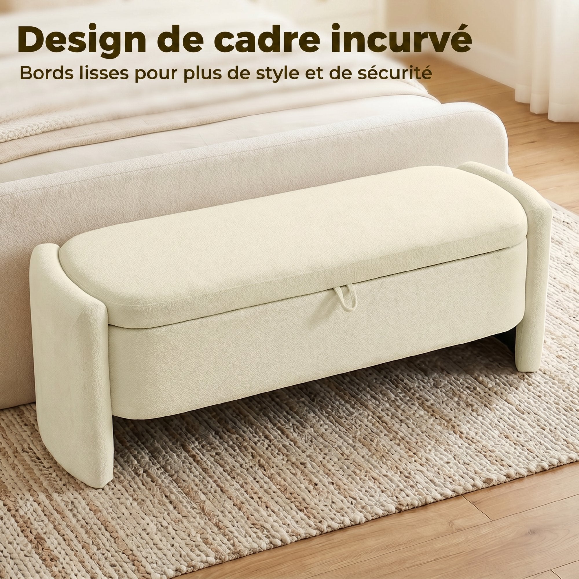 Banc Bout de Lit Banquette, 118x42x45cm, Banc de Rangement Rembourré en Tissu Bouclé, Pieds en Bois d'Eucalyptus, Charge 220 Kg, Coffre de Rangement pour Chambre à Coucher ou Entrée, Crème
