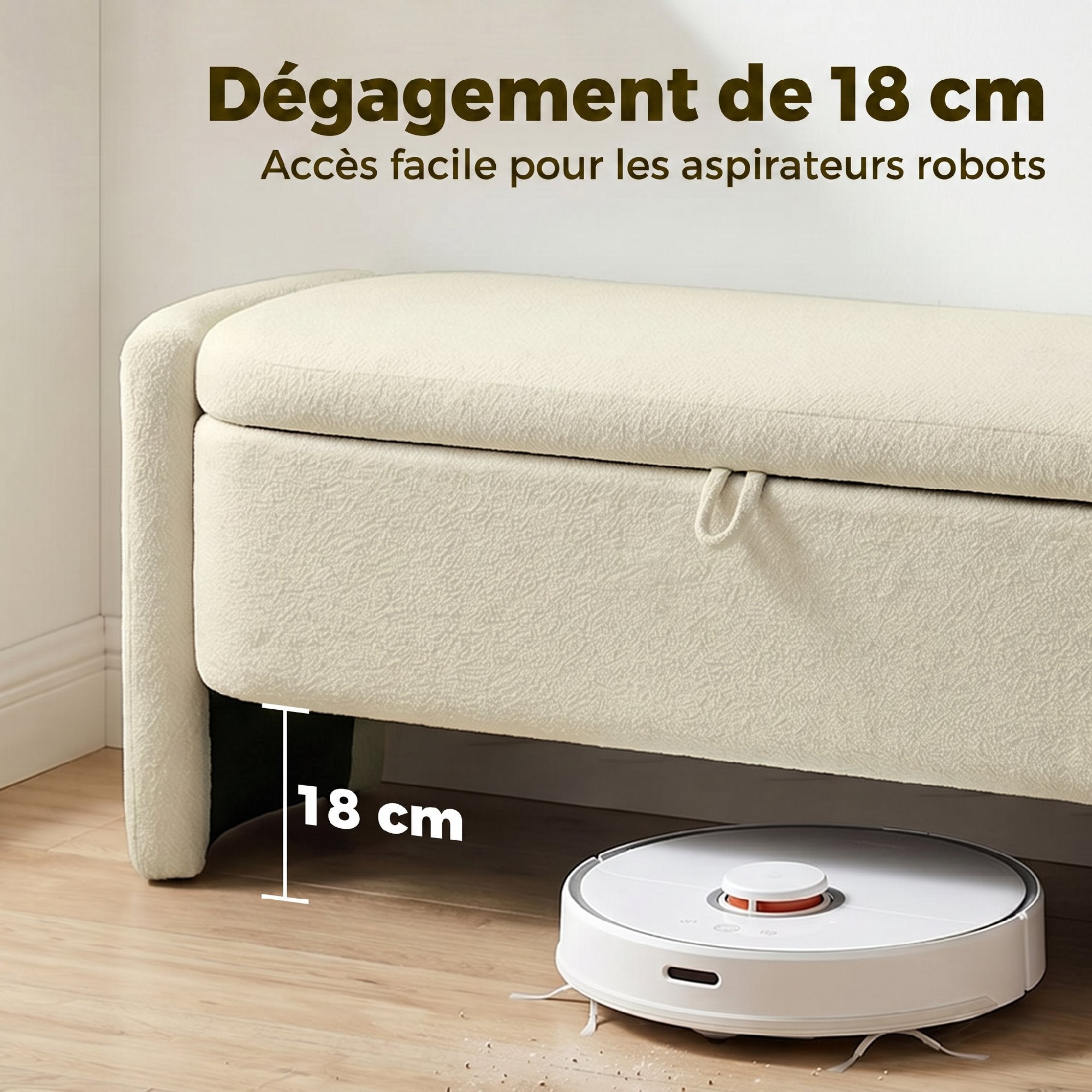 Banc Bout de Lit Banquette, 118x42x45cm, Banc de Rangement Rembourré en Tissu Bouclé, Pieds en Bois d'Eucalyptus, Charge 220 Kg, Coffre de Rangement pour Chambre à Coucher ou Entrée, Crème