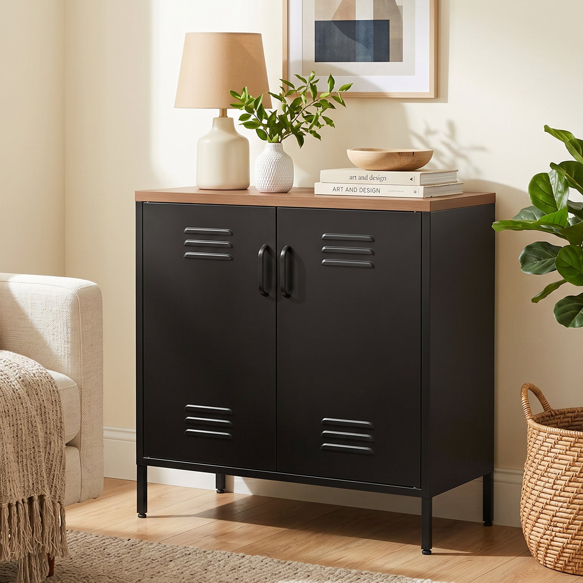 Buffet Salon Métallique, Meuble de Rangement Industriel avec 2 Portes et Étagère Réglable, Pieds en Acier Robuste, pour Cuisine, Chambre et Bureau, 80 x 40 x 80 cm, Noir
