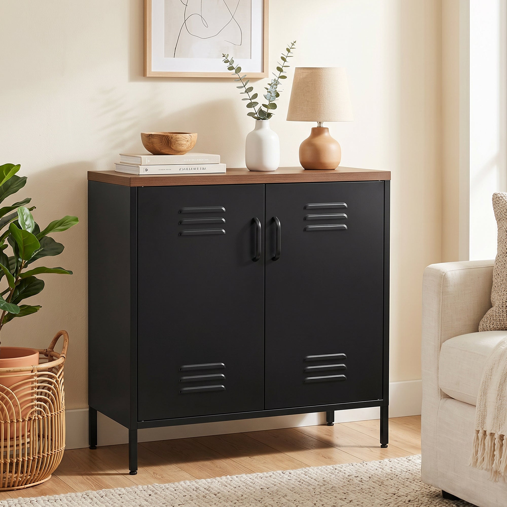 Buffet Salon Métallique, Meuble de Rangement Industriel avec 2 Portes et Étagère Réglable, Pieds en Acier Robuste, pour Cuisine, Chambre et Bureau, 80 x 40 x 80 cm, Noir
