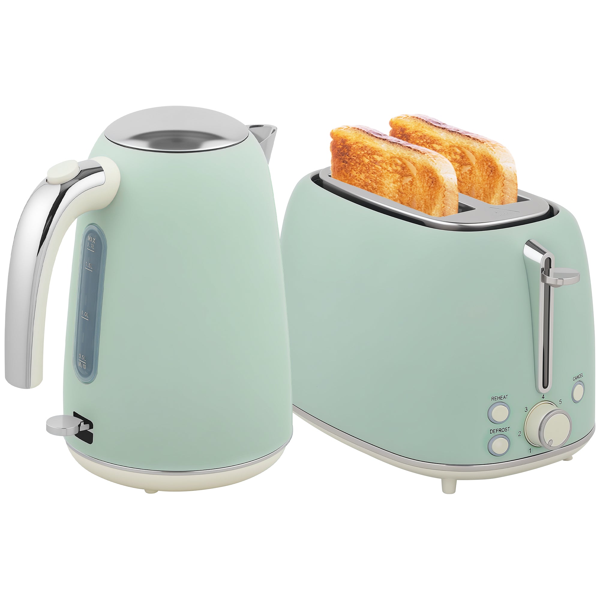 Ensemble bouilloire et grille-pain en inox 2200 W et 1,7 L, grille-pain 2 tranches, 7 niveaux de brunissage, chauffage rapide, thermostat Strix, filtre anticalcaire et plateau à miettes, vert