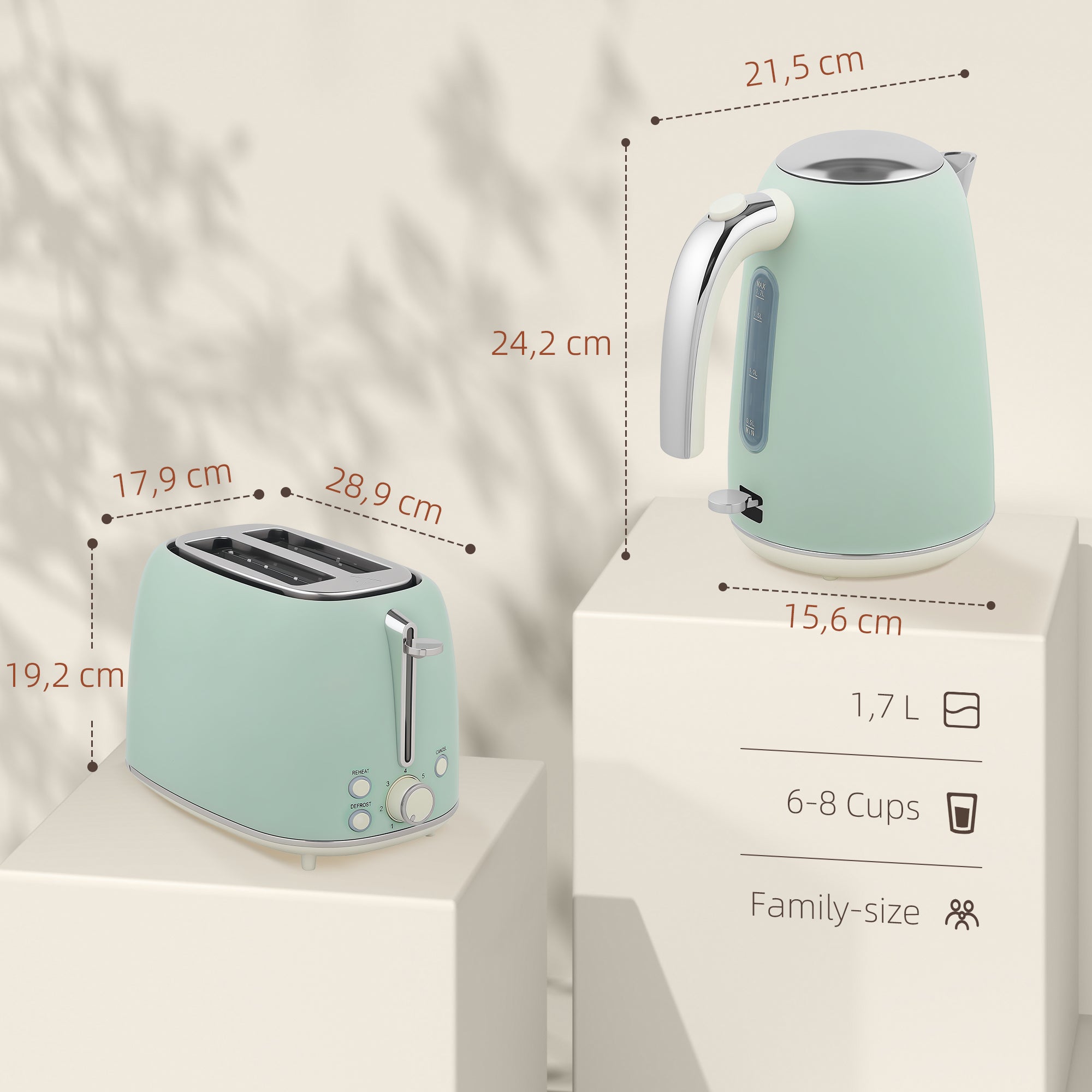 Ensemble bouilloire et grille-pain en inox 2200 W et 1,7 L, grille-pain 2 tranches, 7 niveaux de brunissage, chauffage rapide, thermostat Strix, filtre anticalcaire et plateau à miettes, vert