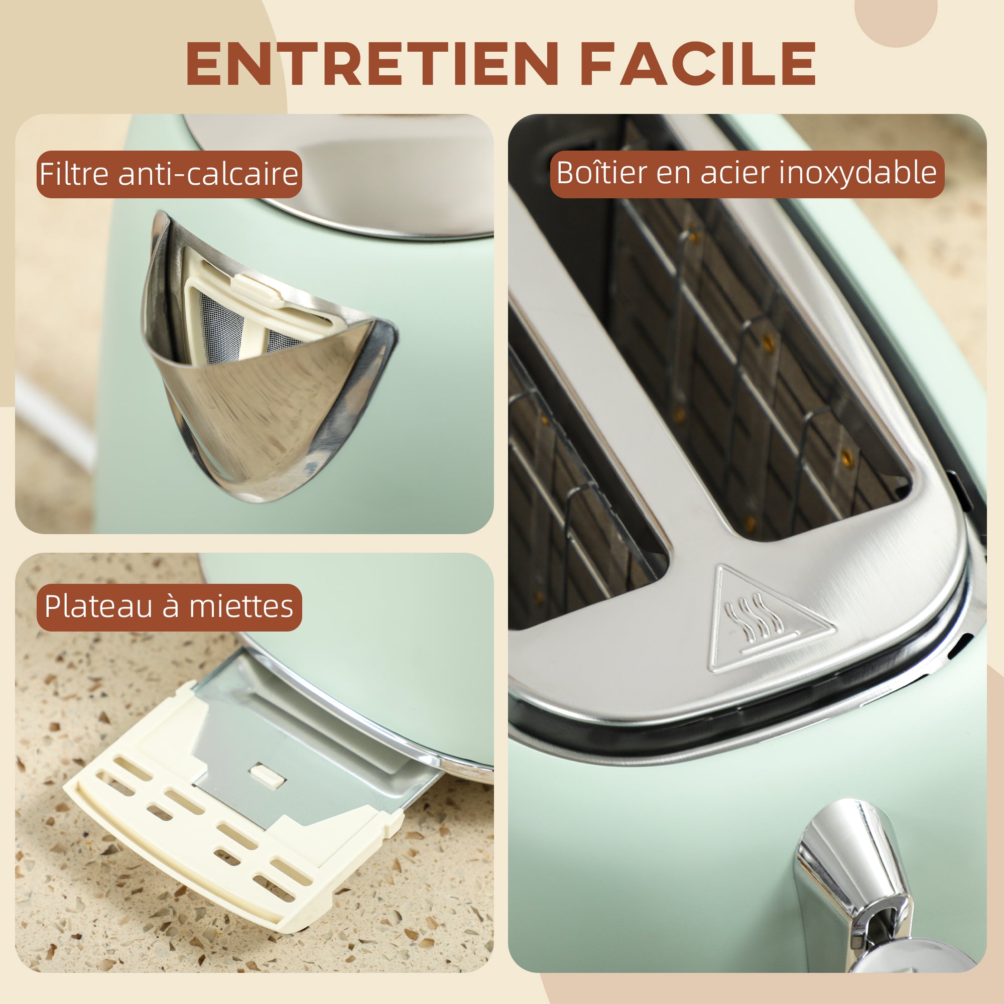 Ensemble bouilloire et grille-pain en inox 2200 W et 1,7 L, grille-pain 2 tranches, 7 niveaux de brunissage, chauffage rapide, thermostat Strix, filtre anticalcaire et plateau à miettes, vert