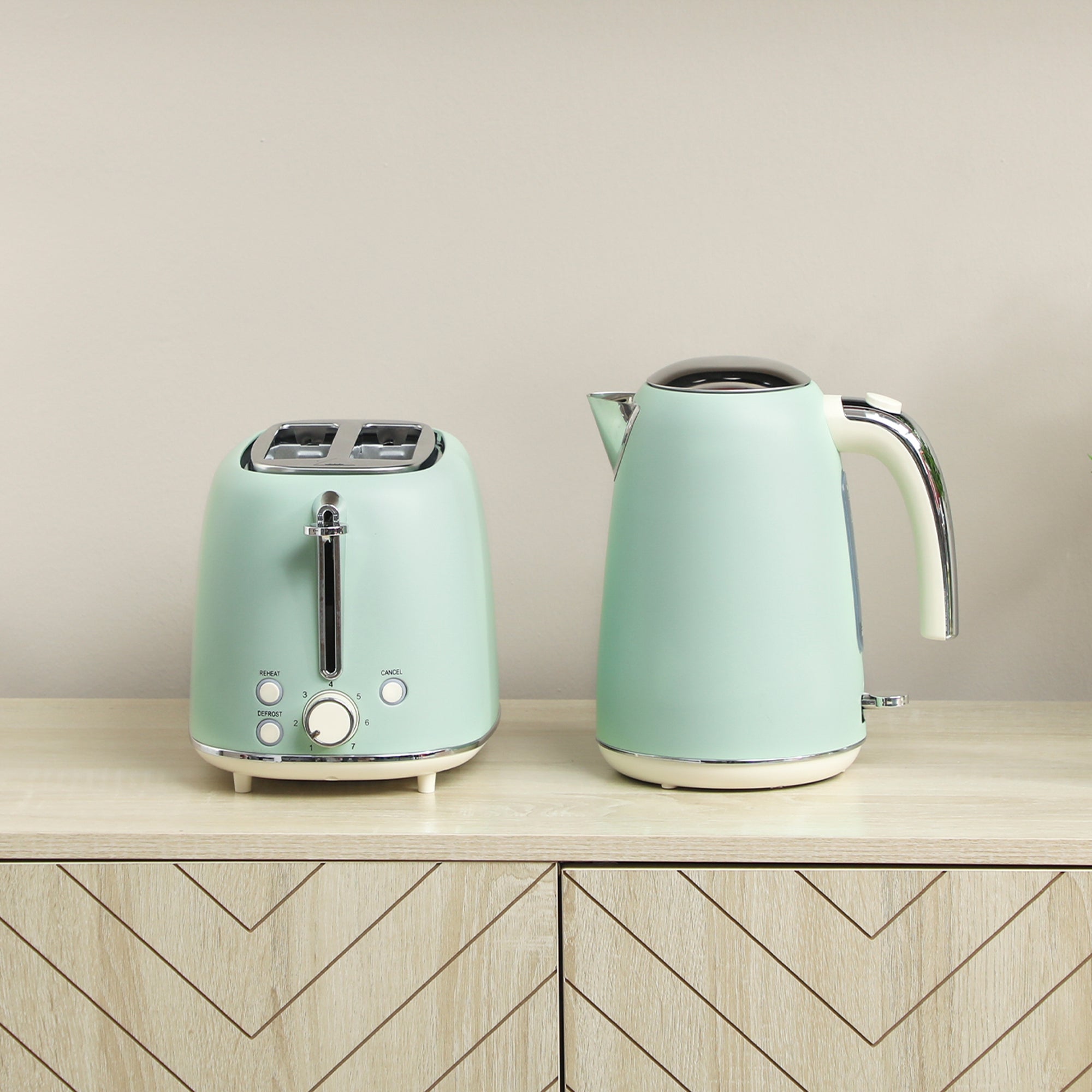 Ensemble bouilloire et grille-pain en inox 2200 W et 1,7 L, grille-pain 2 tranches, 7 niveaux de brunissage, chauffage rapide, thermostat Strix, filtre anticalcaire et plateau à miettes, vert