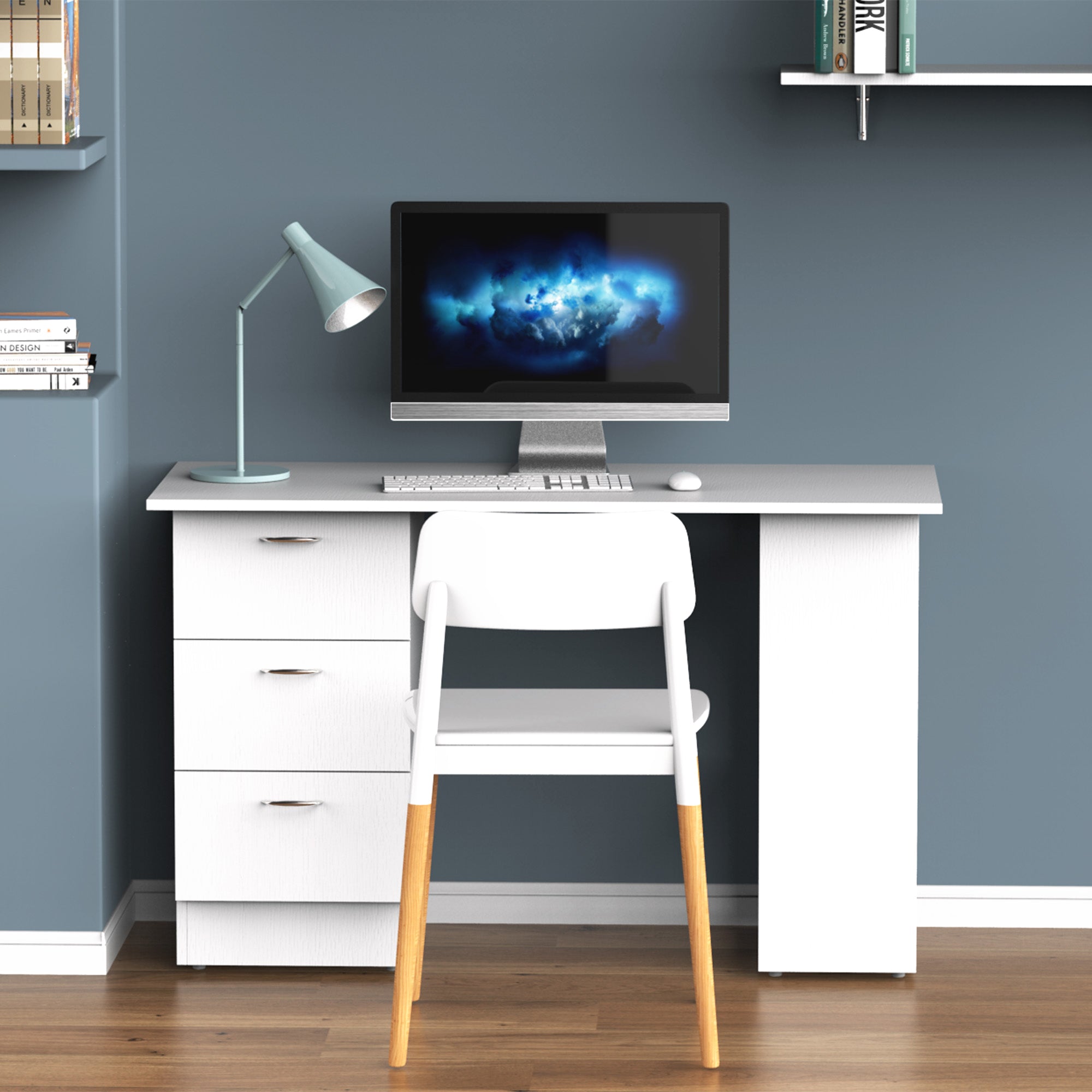 Bureau avec rangement, table informatique 120 x 50 cm, bureau d'ordinateur avec étagères et tiroirs, pour petits espaces, chambre à coucher, blanc