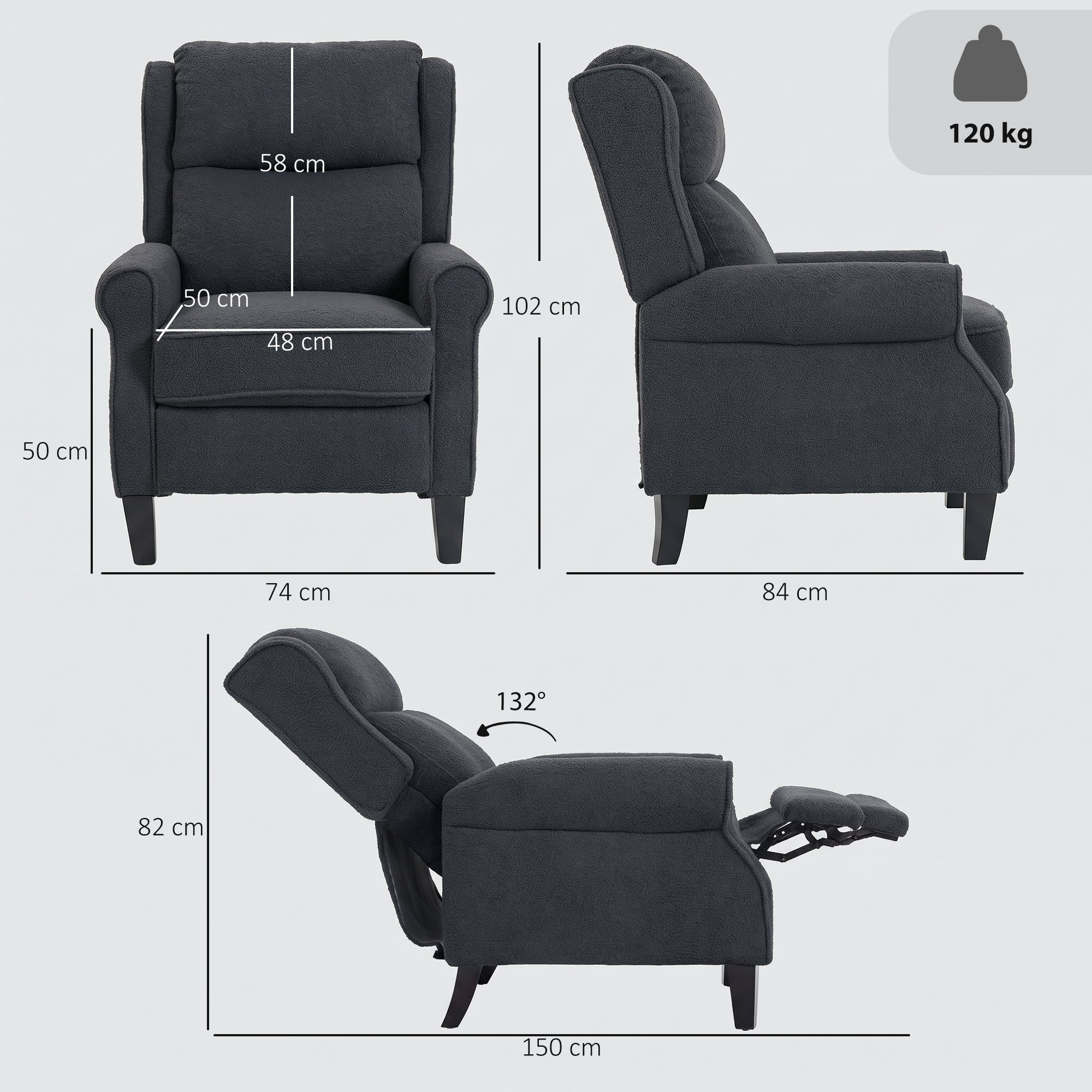 Fauteuil inclinable en polaire Teddy, fauteuil de relaxation avec repose-pieds extensible, assise rembourrée, Ressorts ensachés, pour salon, bureau, home cinéma, gris foncé