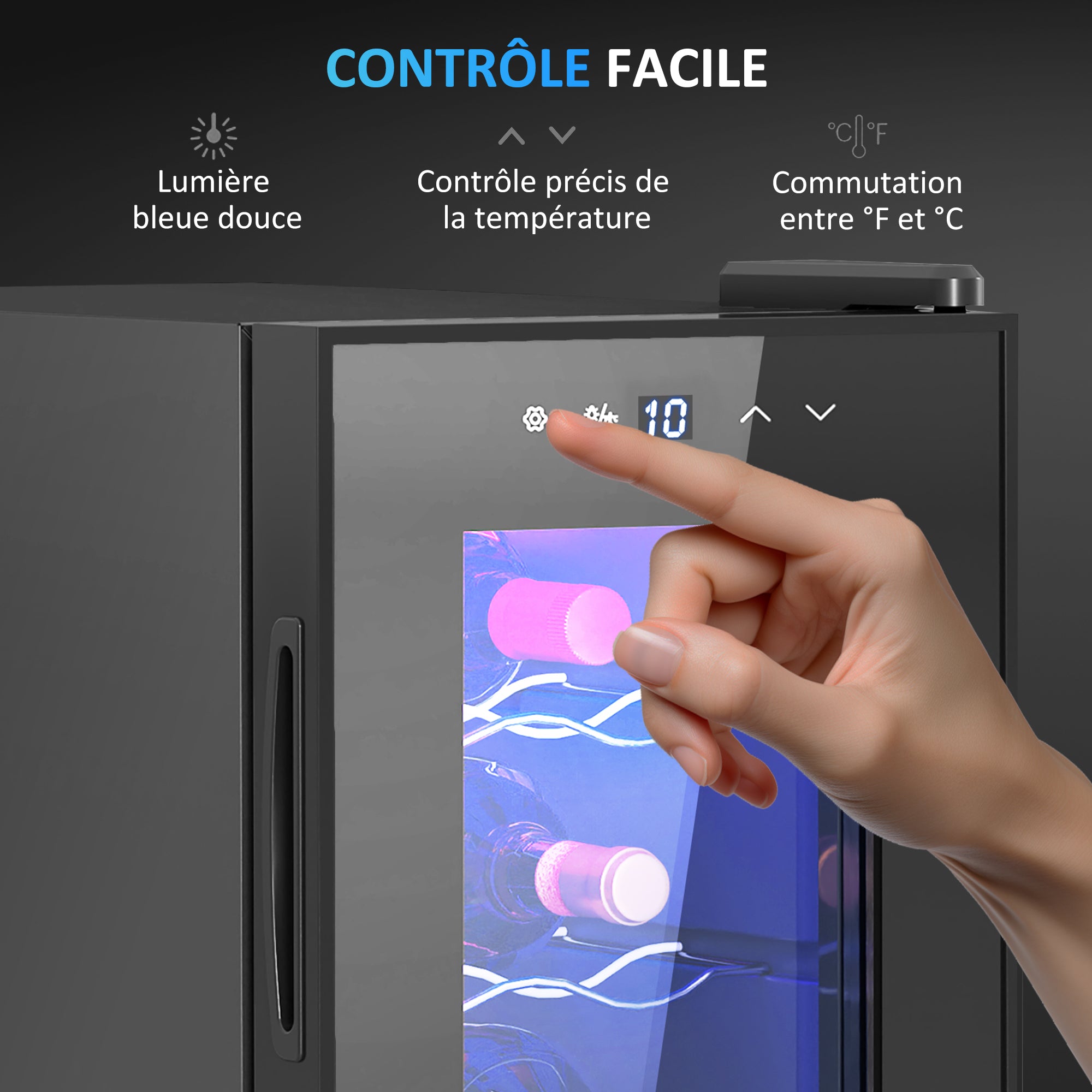 Cave à vin 6 bouteilles 17L réfrigérateur à vin silencieux - porte en verre, éclairage LED, écran tactile numérique, mini cave a vin contrôle de la température 8-18°C protection UV noir