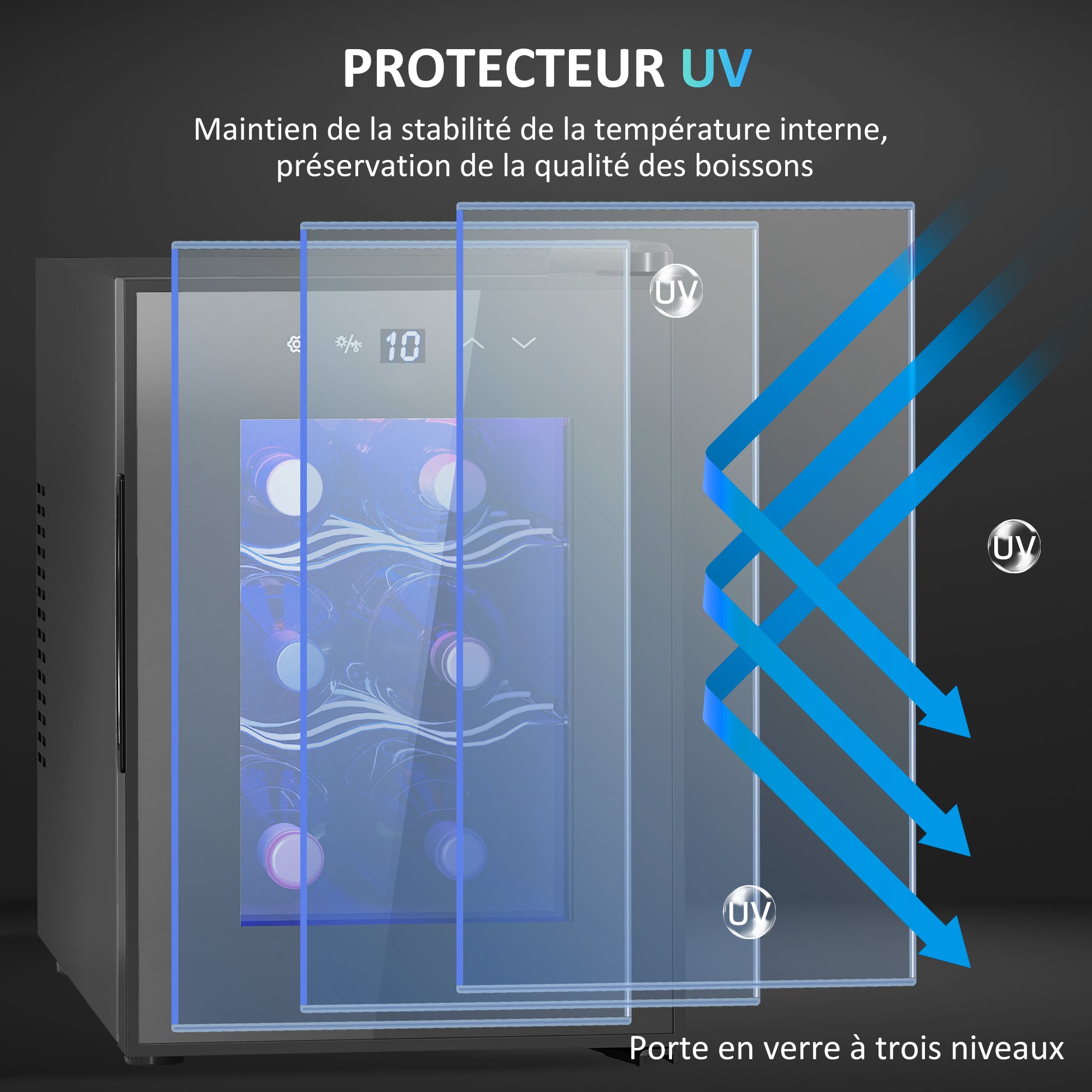 Cave à vin 6 bouteilles 17L réfrigérateur à vin silencieux - porte en verre, éclairage LED, écran tactile numérique, mini cave a vin contrôle de la température 8-18°C protection UV noir