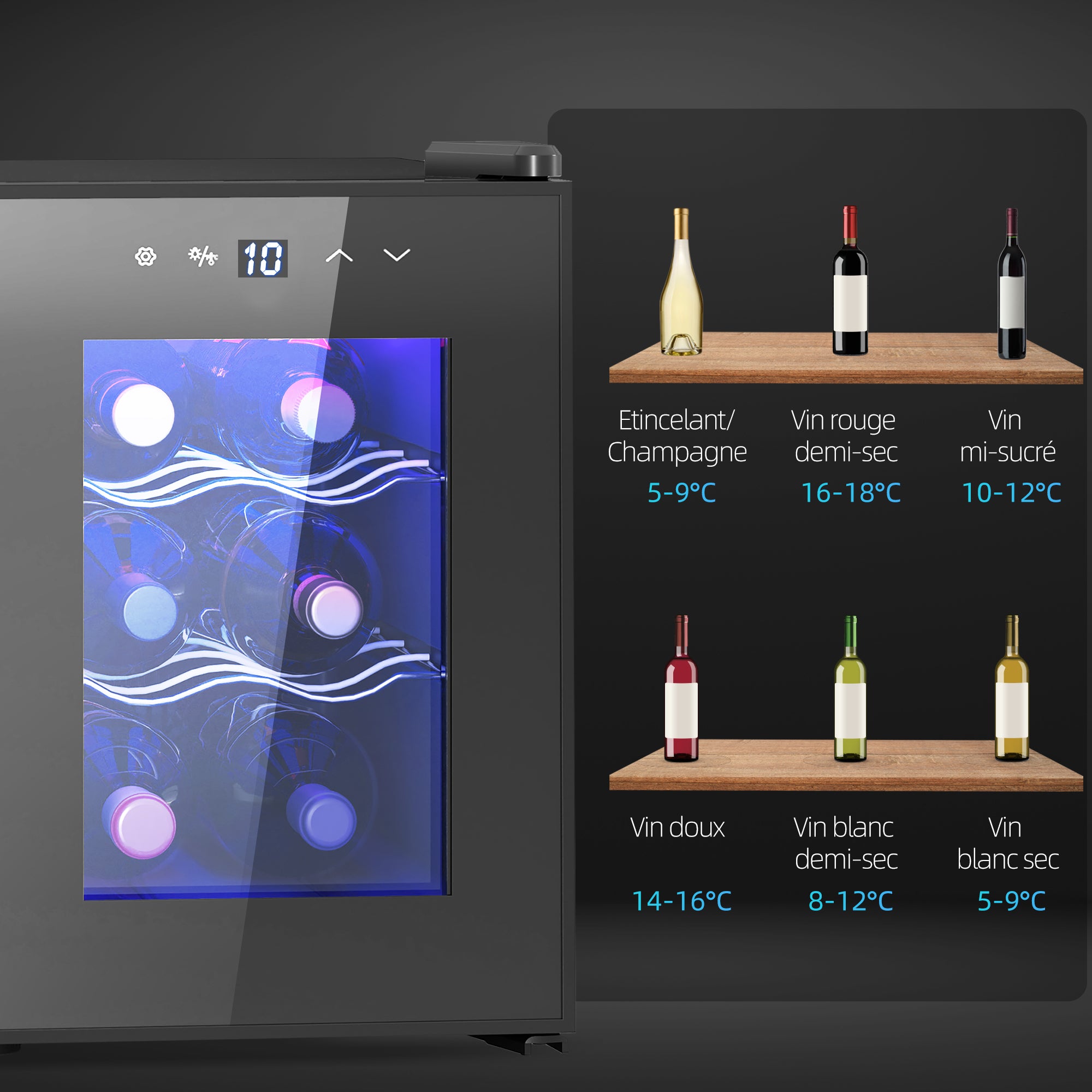 Cave à vin 6 bouteilles 17L réfrigérateur à vin silencieux - porte en verre, éclairage LED, écran tactile numérique, mini cave a vin contrôle de la température 8-18°C protection UV noir