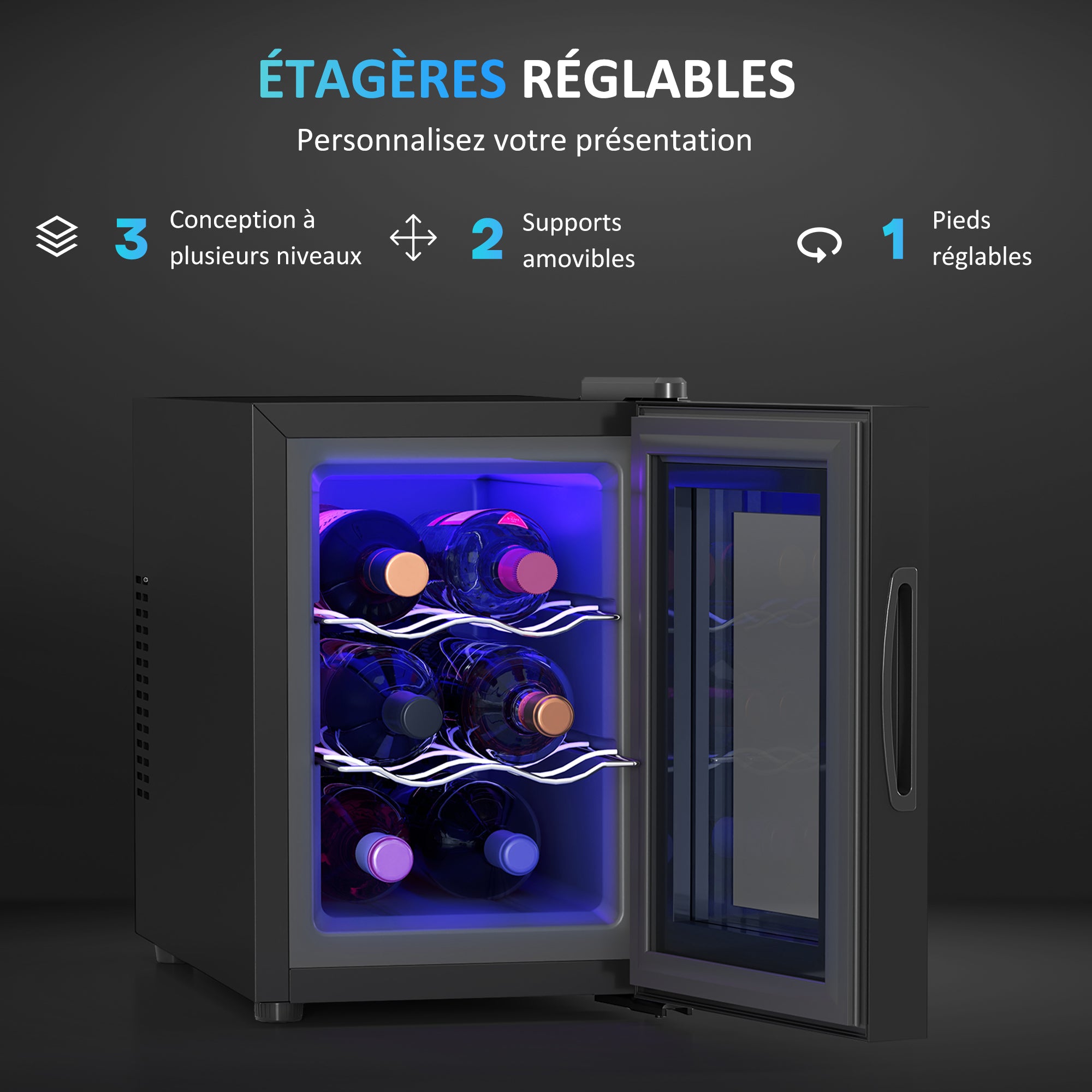 Cave à vin 6 bouteilles 17L réfrigérateur à vin silencieux - porte en verre, éclairage LED, écran tactile numérique, mini cave a vin contrôle de la température 8-18°C protection UV noir