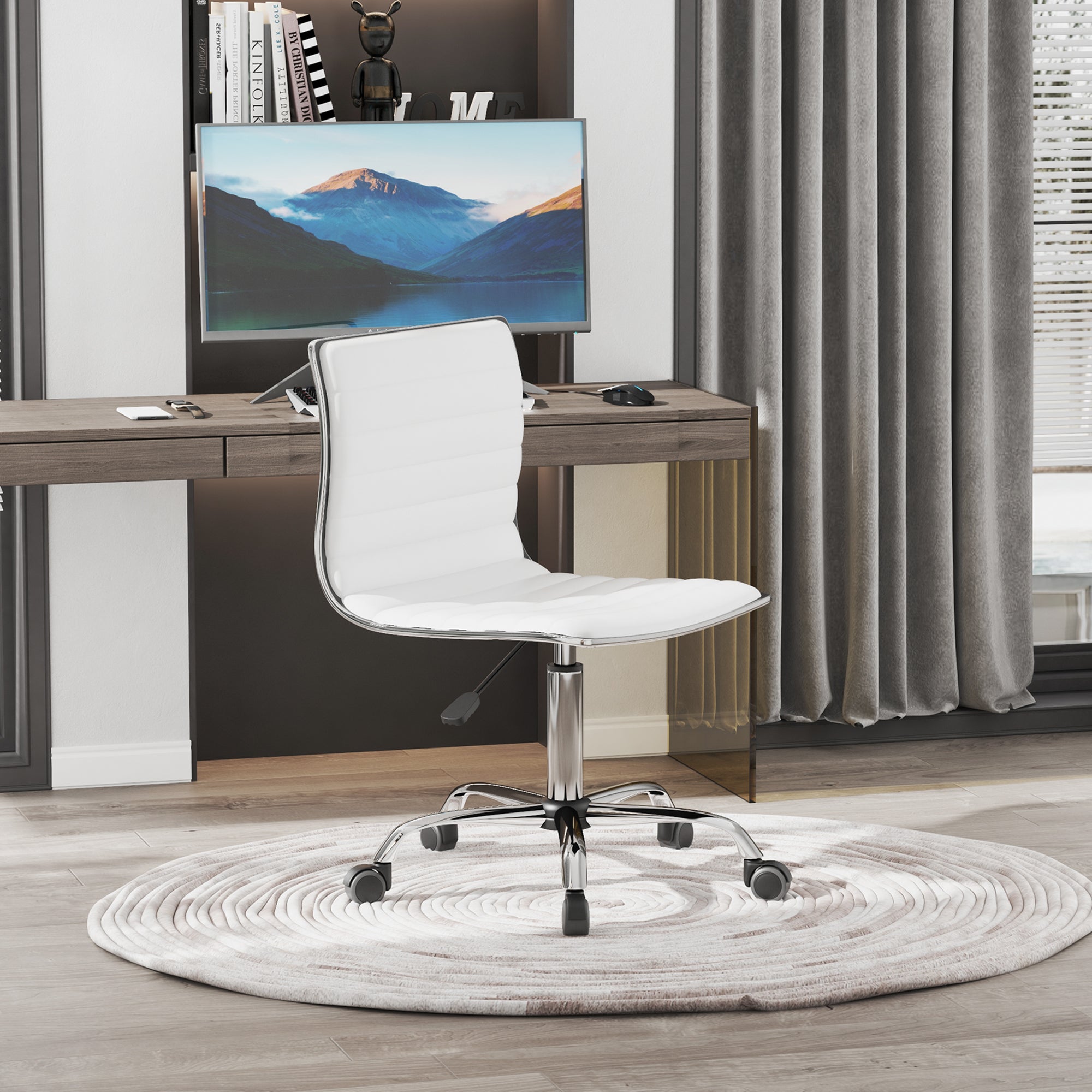 Chaise de bureau sans accoudoirs, fauteuil de bureau ergonomique, hauteur réglable, assise et dossier rembourrés et pivotant 360°, chaise d'ordinateur en similicuir pour bureau, chambre, blanc