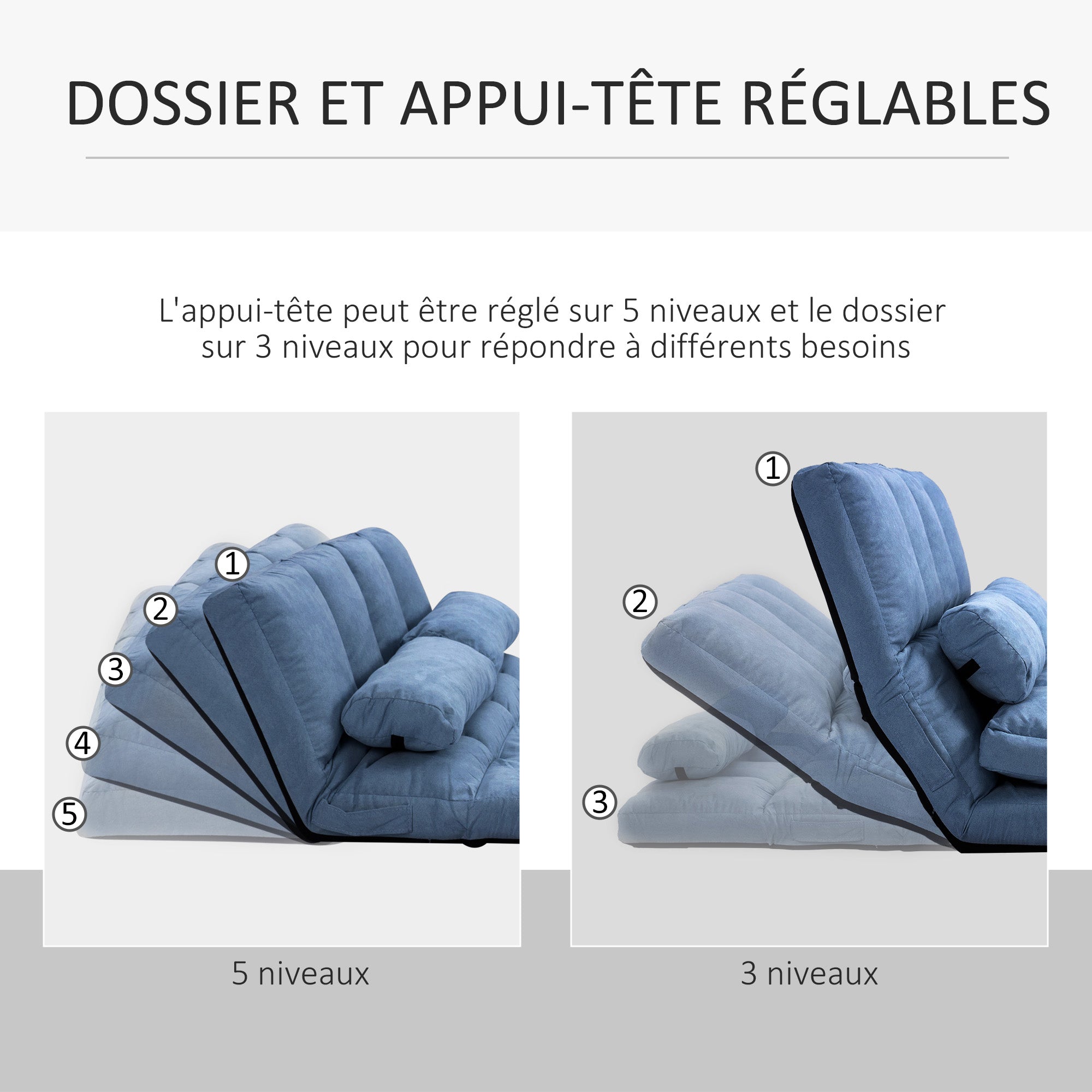 Chauffeuse matelas d'appoint pliant fauteuil convertible inclinaison dossier réglable 2 coussins inclus en polyester aspect suédé, pour salon, chambre et bureau, bleu
