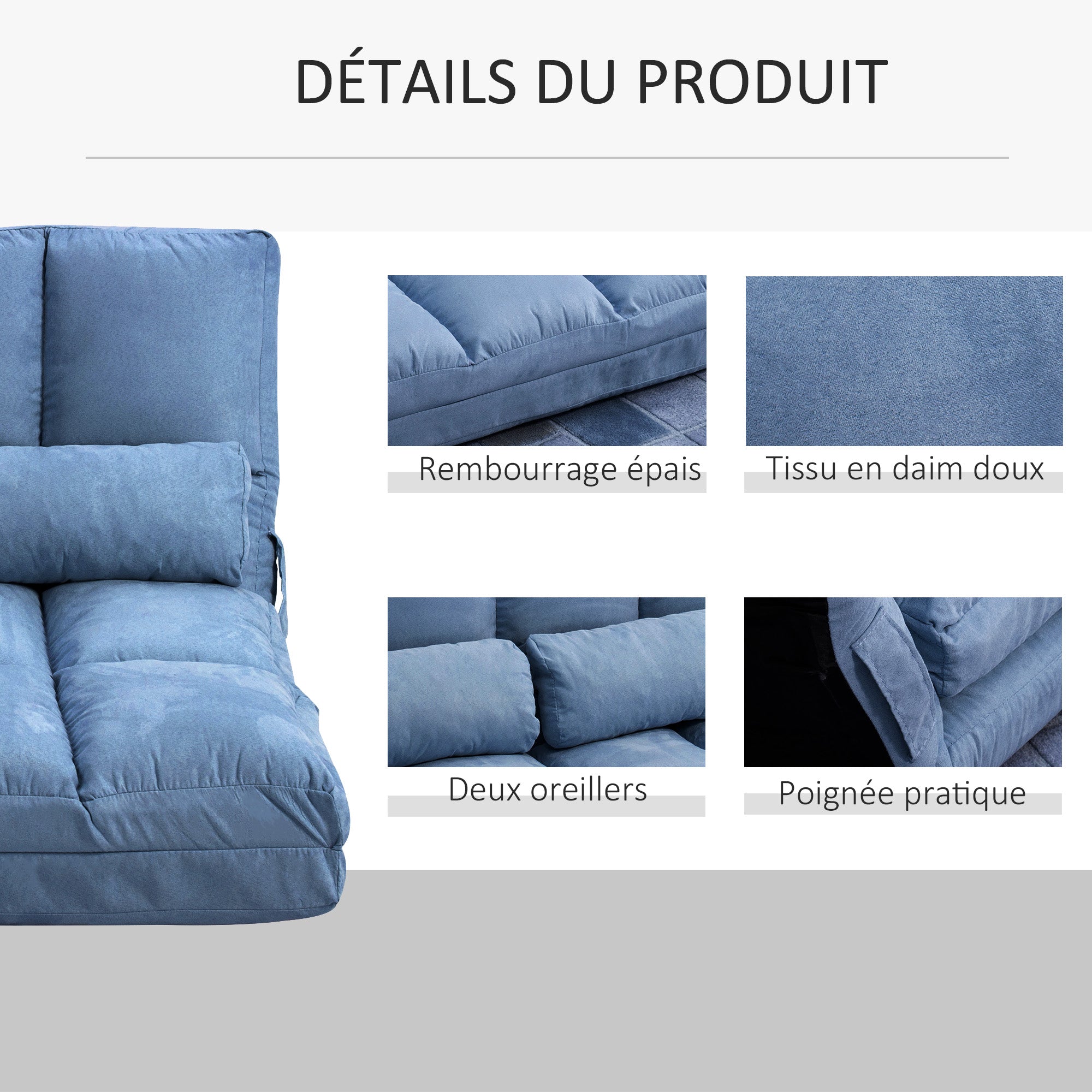 Chauffeuse matelas d'appoint pliant fauteuil convertible inclinaison dossier réglable 2 coussins inclus en polyester aspect suédé, pour salon, chambre et bureau, bleu