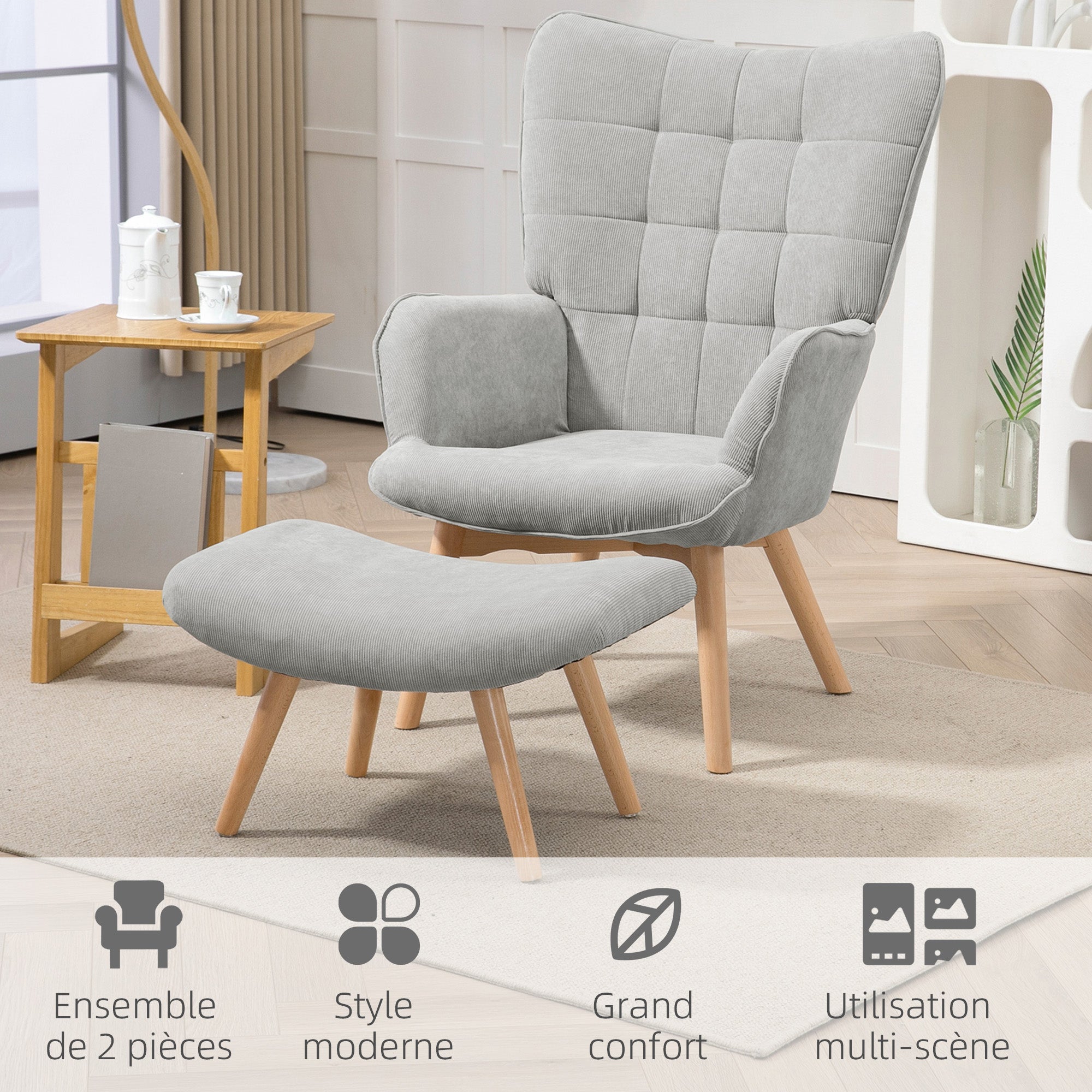 Fauteuil avec repose pied, fauteuil salon avec pieds en bois, dossier haut et tissu aspect velours côtelé, pour salon chambre à coucher gris