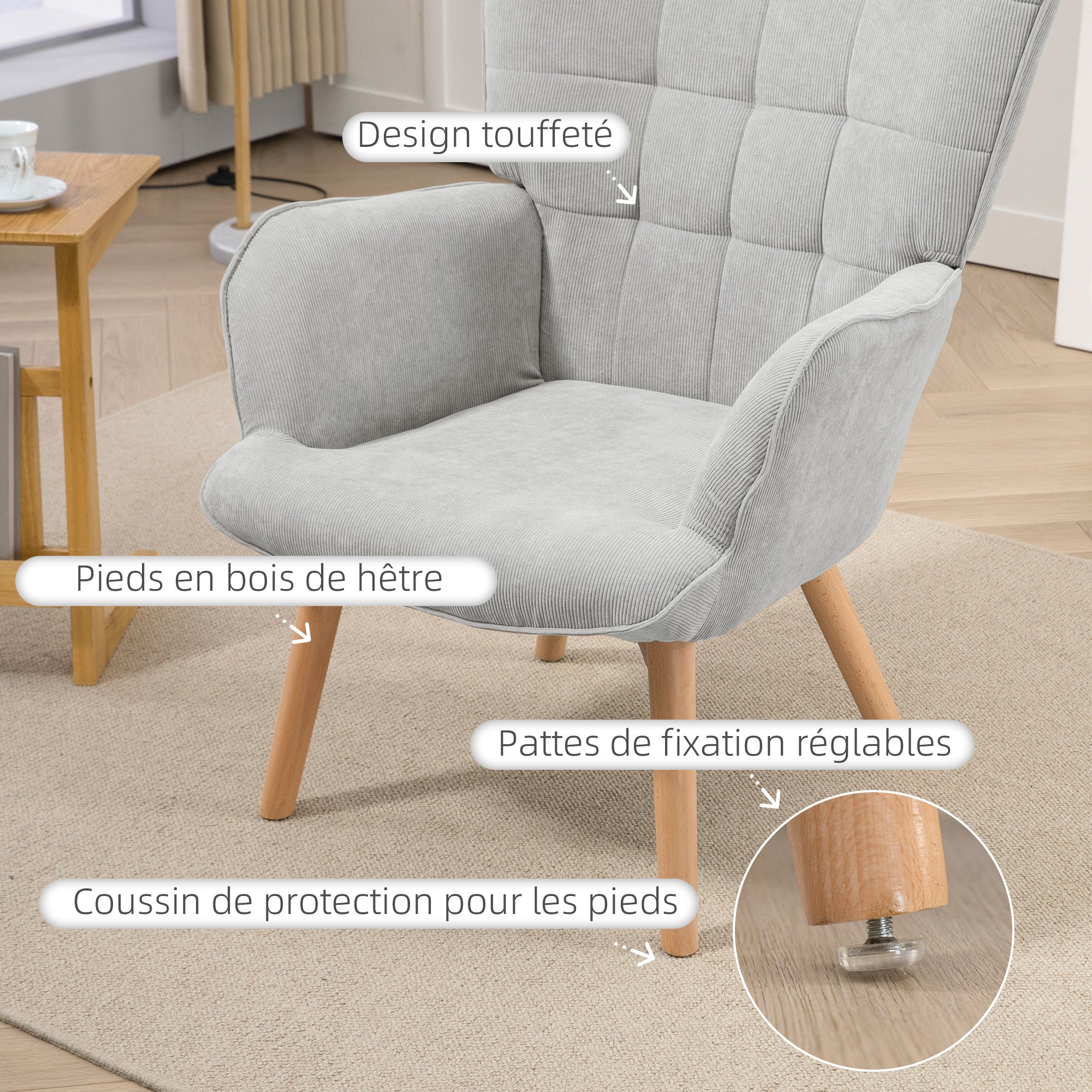 Fauteuil avec repose pied, fauteuil salon avec pieds en bois, dossier haut et tissu aspect velours côtelé, pour salon chambre à coucher gris