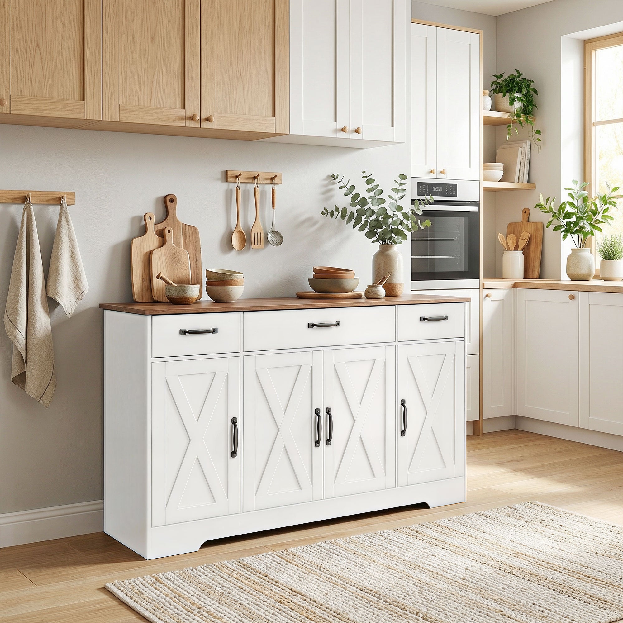 Buffet Cuisine, Meuble de Rangement avec 4 Portes de Grange, 3 Tiroirs et Étagères Réglables, Meuble TV pour Téléviseurs Jusqu'à 60 Pouces, pour Salon et Chambre, 140 x 40 x 81 cm, Blanc