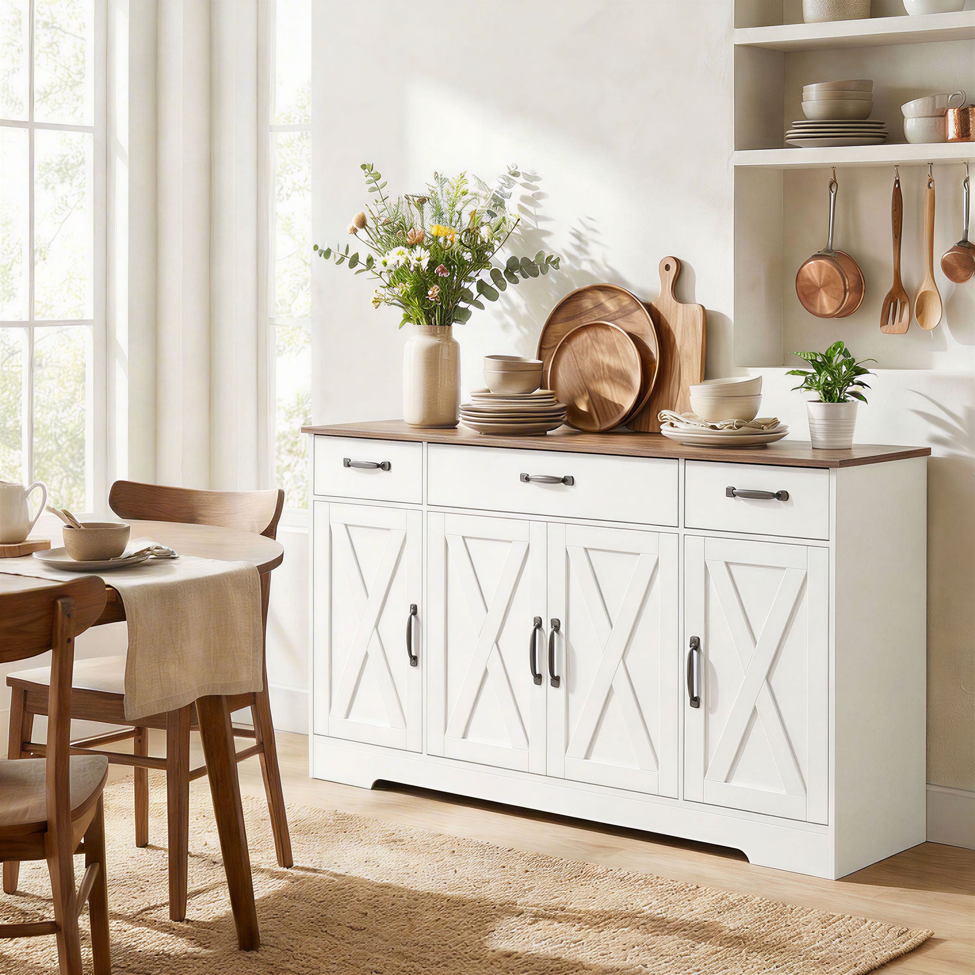 Buffet Cuisine, Meuble de Rangement avec 4 Portes de Grange, 3 Tiroirs et Étagères Réglables, Meuble TV pour Téléviseurs Jusqu'à 60 Pouces, pour Salon et Chambre, 140 x 40 x 81 cm, Blanc
