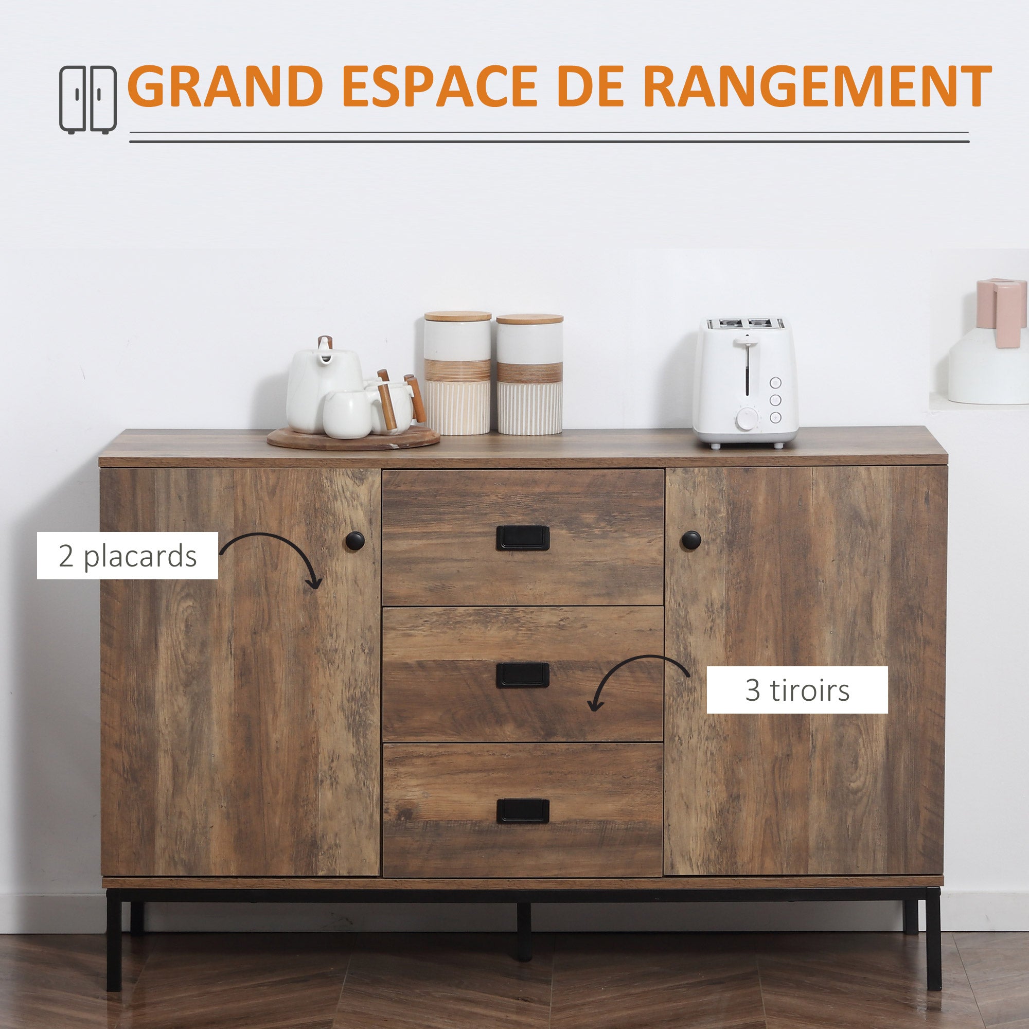 Buffet de Cuisine Meuble de Rangement 2 placards étagère réglable 3 tiroirs Style Contemporain - 120 x 39,5 x 77 cm marron