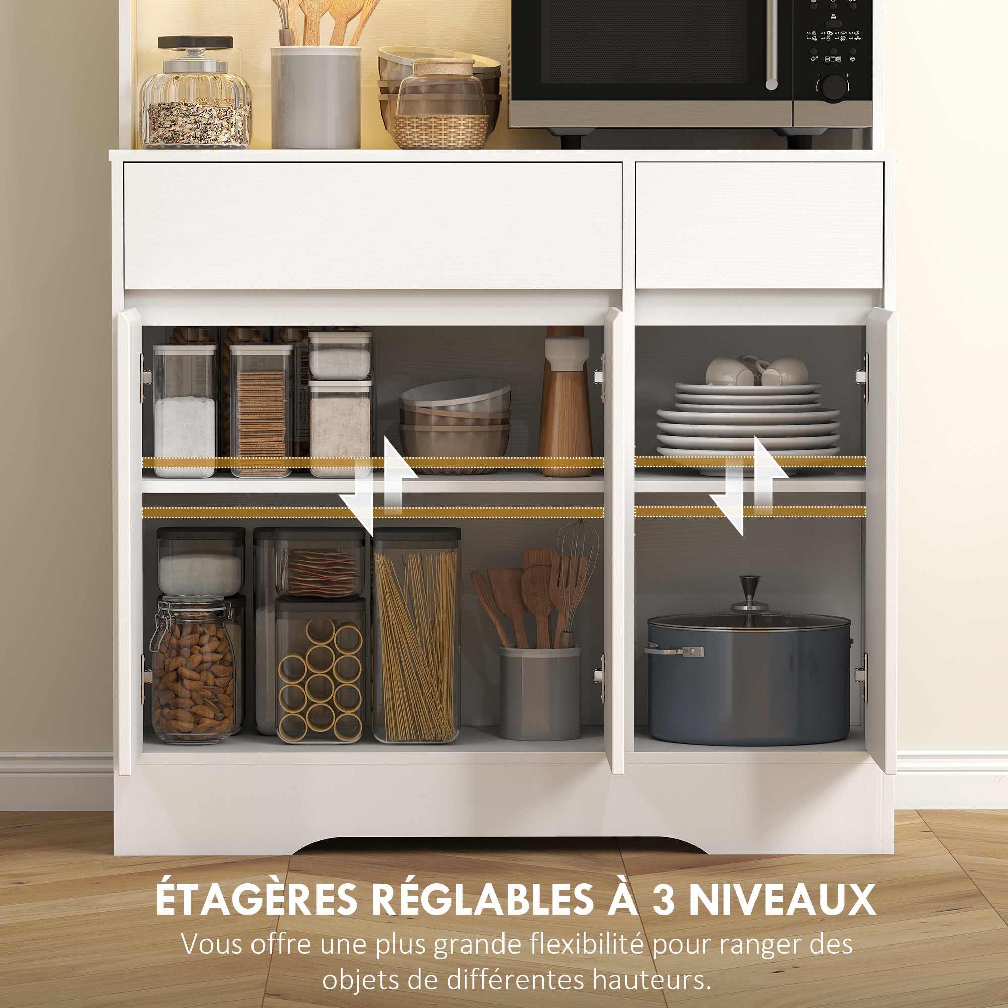 Buffet cuisine avec lumière LED RGB, meuble cuisine rangement haut, meuble de rangement avec plan de travail, 6 portes, 2 tiroirs, étagères réglables et télécommande inclus, 100x38x180cm, blanc