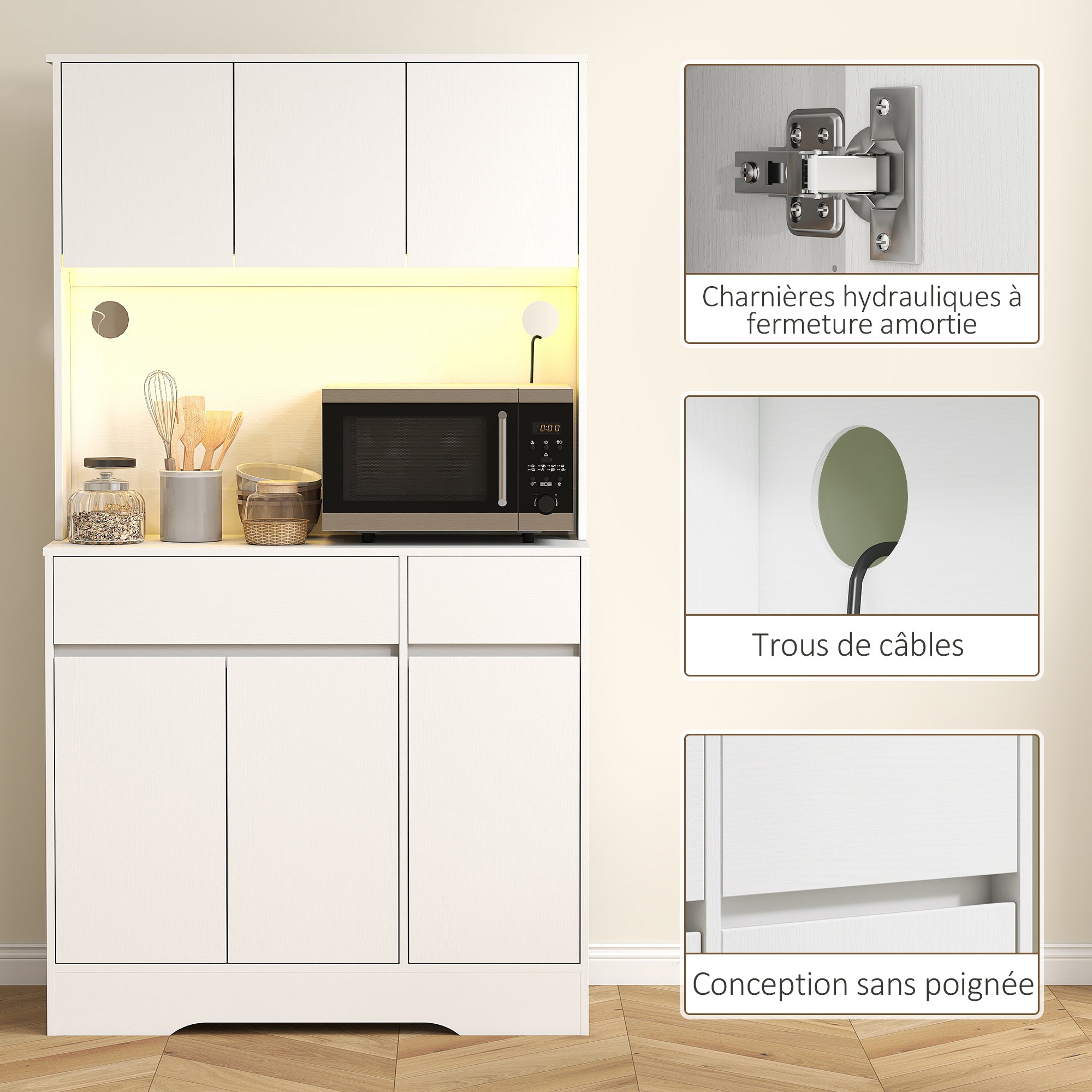 Buffet cuisine avec lumière LED RGB, meuble cuisine rangement haut, meuble de rangement avec plan de travail, 6 portes, 2 tiroirs, étagères réglables et télécommande inclus, 100x38x180cm, blanc