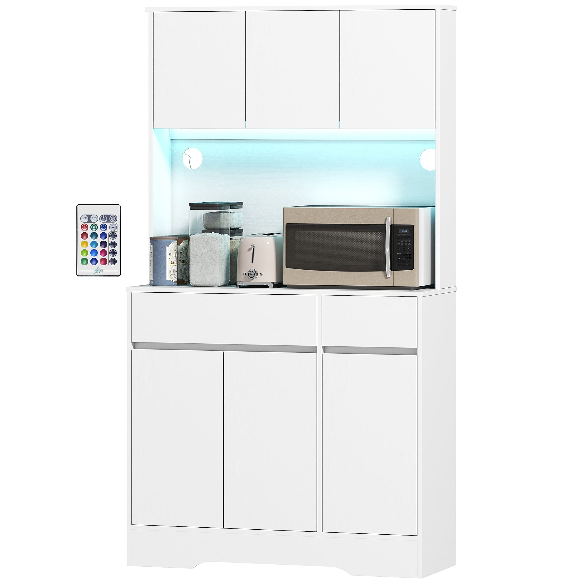 Buffet cuisine avec lumière LED RGB, meuble cuisine rangement haut, meuble de rangement avec plan de travail, 6 portes, 2 tiroirs, étagères réglables et télécommande inclus, 100x38x180cm, blanc