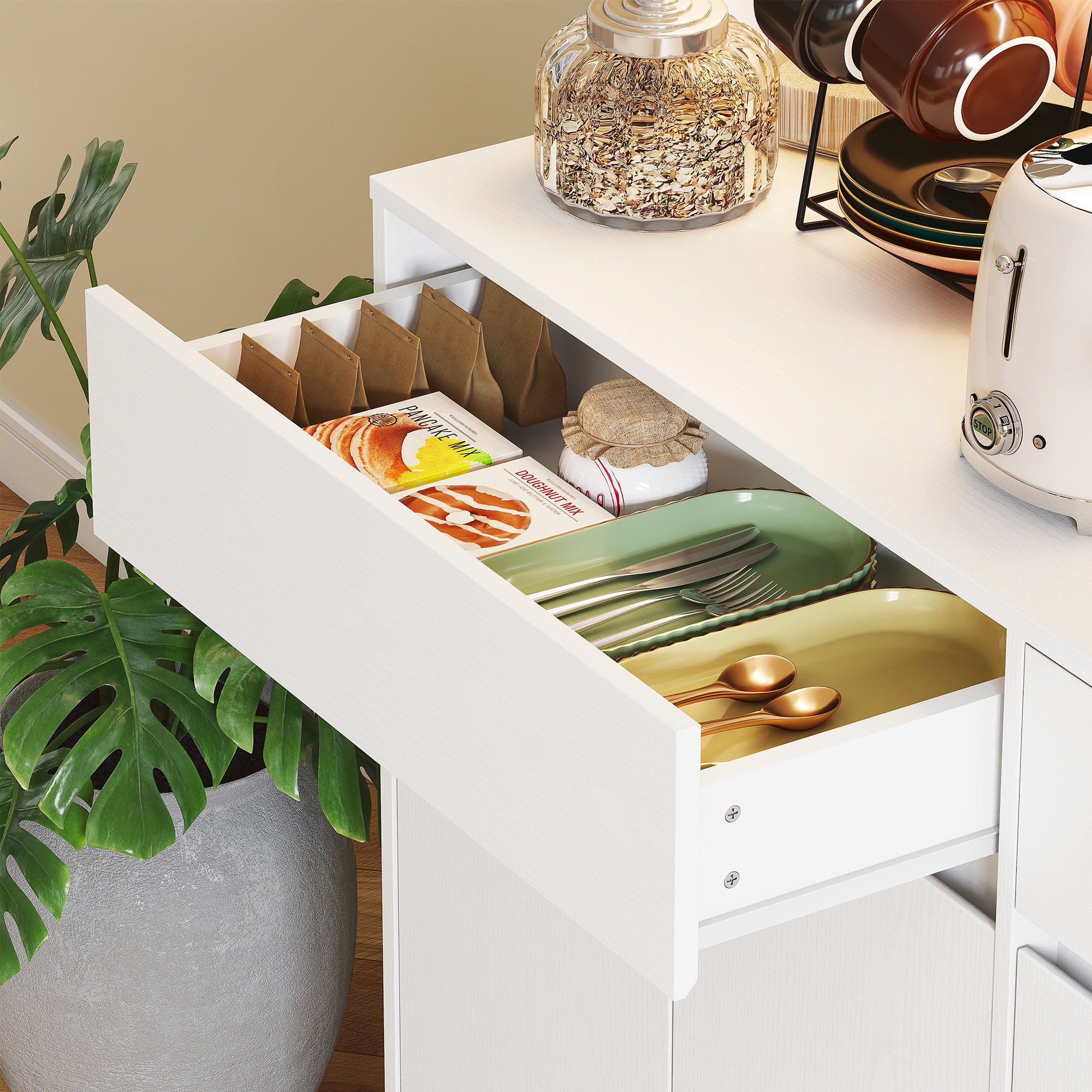 Buffet cuisine avec lumière LED RGB, meuble cuisine rangement haut, meuble de rangement avec plan de travail, 6 portes, 2 tiroirs, étagères réglables et télécommande inclus, 100x38x180cm, blanc