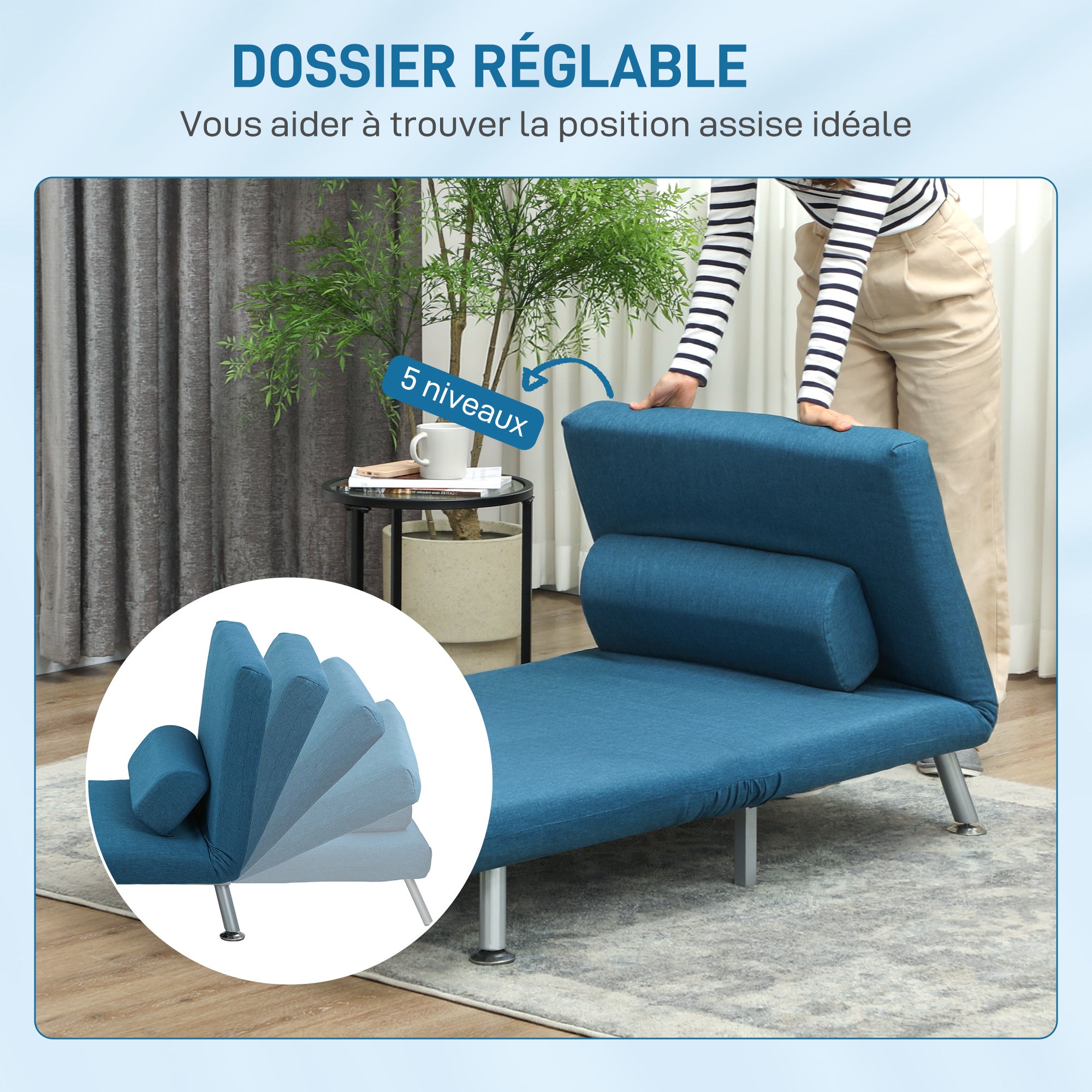 Fauteuil convertible 1 place chauffeuse 3 en 1 fauteuil lit avec dossier réglable en 5 positions, coussin inclus, canapé-lit 1 place pour invités, salon, charge 150 kg bleu