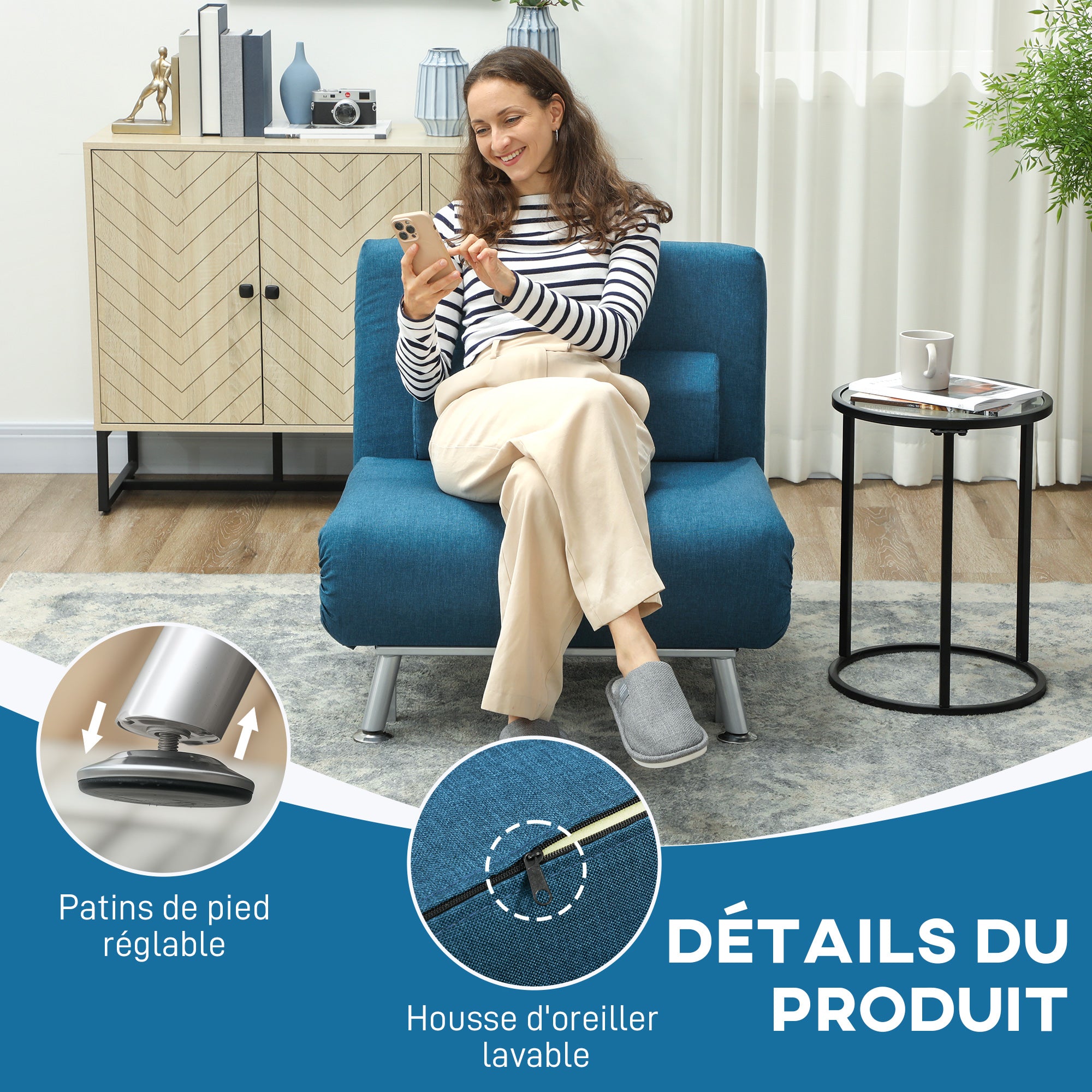 Fauteuil convertible 1 place chauffeuse 3 en 1 fauteuil lit avec dossier réglable en 5 positions, coussin inclus, canapé-lit 1 place pour invités, salon, charge 150 kg bleu