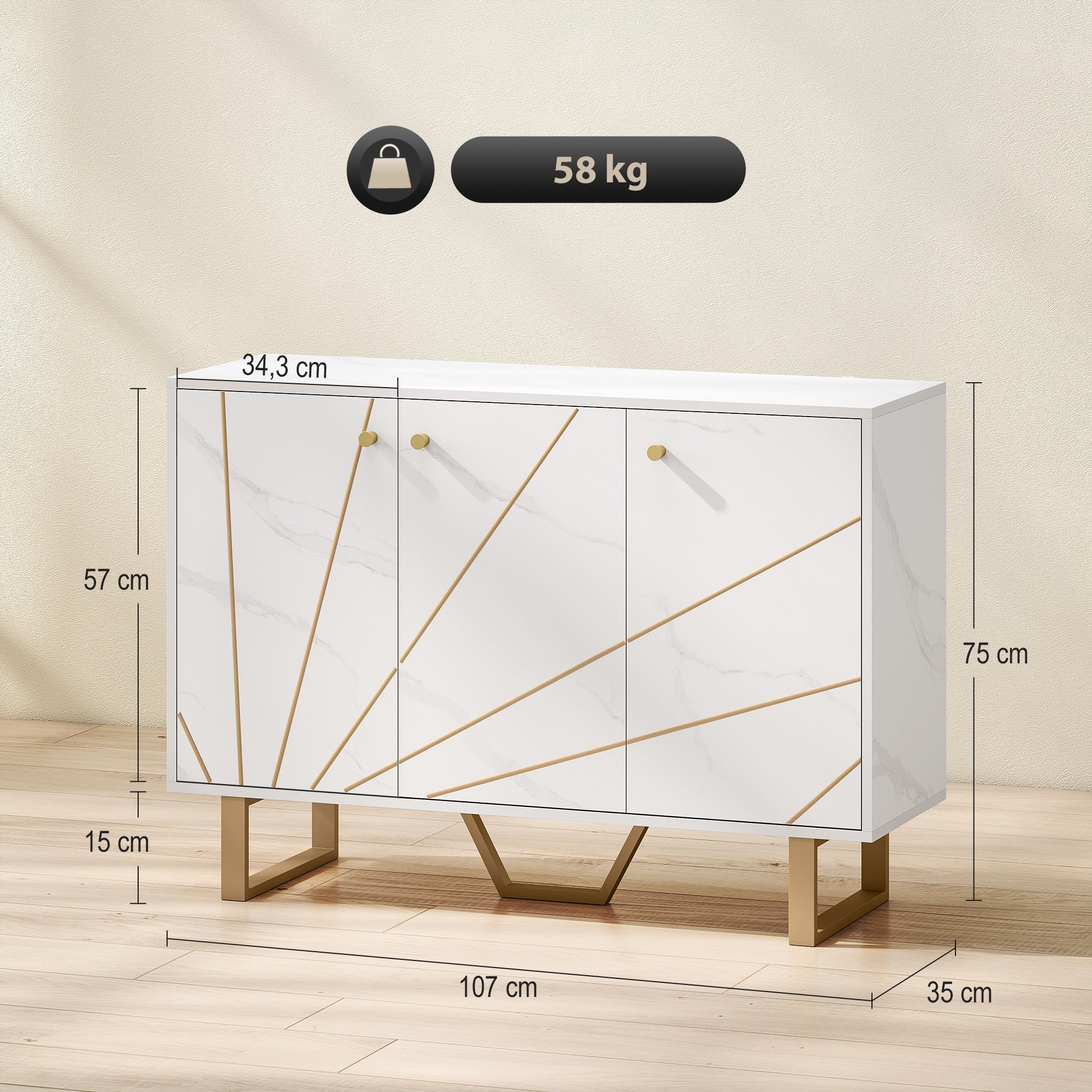 Meuble de rangement buffet salon avec 2 placards 3 portes et étagère réglable, pieds en métal - dim. 107L x 35l x 75H cm, aspect marbre blanc