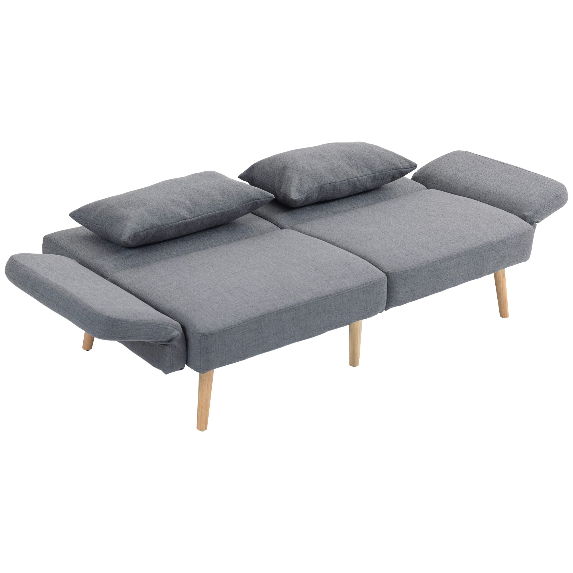 Canapé convertible 3 places, canapé-lit 2 places, dossier inclinable et accoudoirs réglables, clic clac en tissu effet lin, pieds en bois massif, 2 coussins lavables, gris