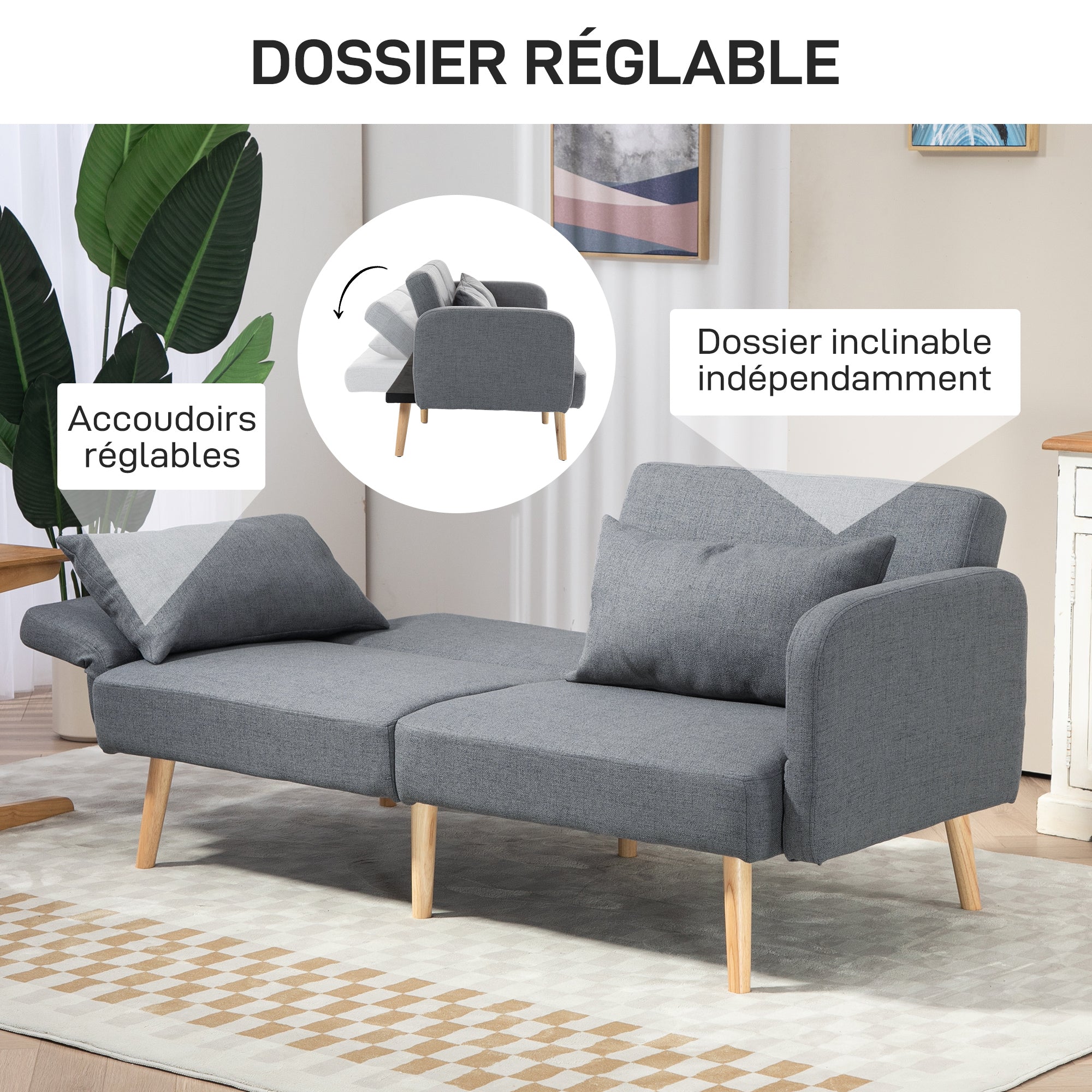 Canapé convertible 3 places, canapé-lit 2 places, dossier inclinable et accoudoirs réglables, clic clac en tissu effet lin, pieds en bois massif, 2 coussins lavables, gris