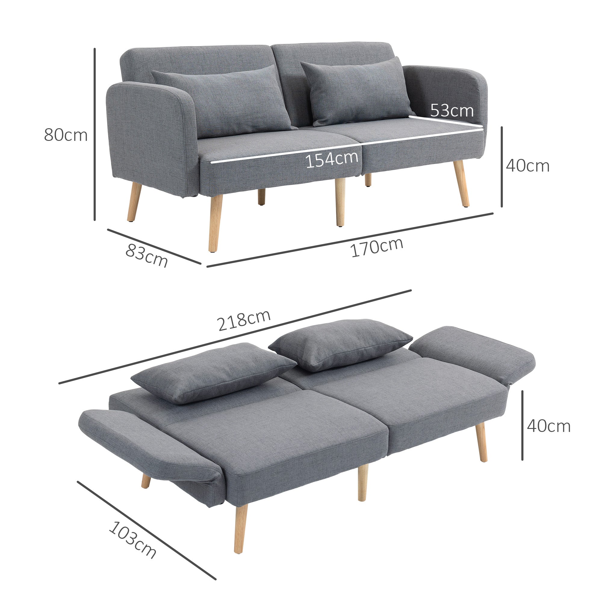 Canapé convertible 3 places, canapé-lit 2 places, dossier inclinable et accoudoirs réglables, clic clac en tissu effet lin, pieds en bois massif, 2 coussins lavables, gris