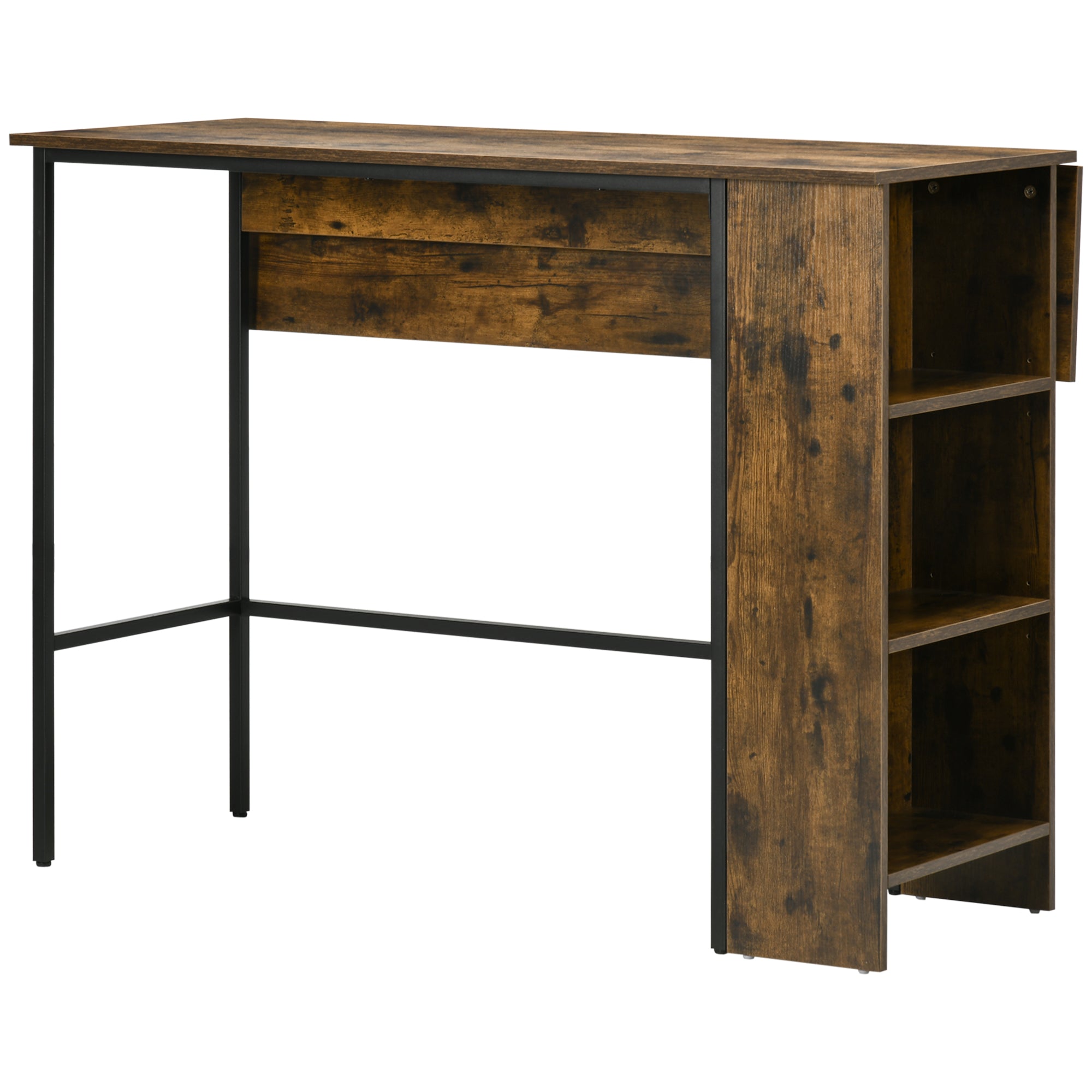 Table de bar avec rangement Table Bistrot Ilot central plateau latéral rabattable et 3 étagères - 120 x 76 x 91,4 cm Brun Rustique