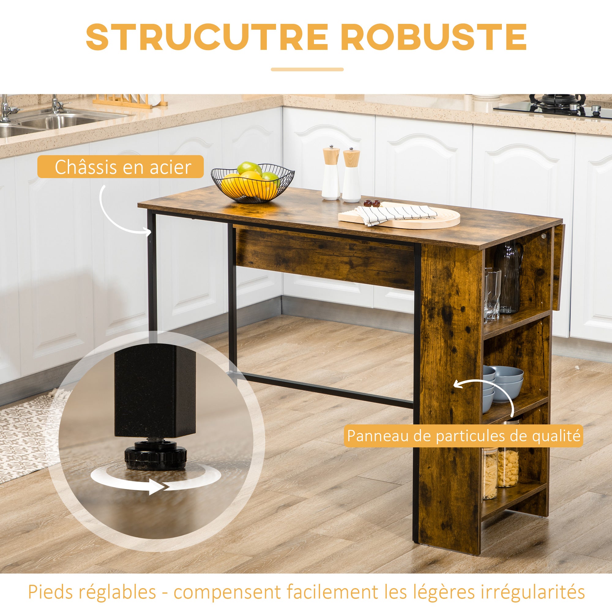 Table de bar avec rangement Table Bistrot Ilot central plateau latéral rabattable et 3 étagères - 120 x 76 x 91,4 cm Brun Rustique