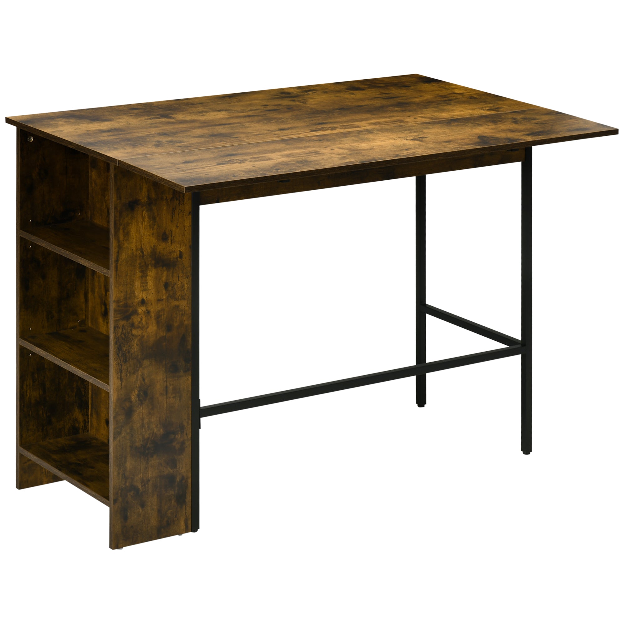 Table de bar avec rangement Table Bistrot Ilot central plateau latéral rabattable et 3 étagères - 120 x 76 x 91,4 cm Brun Rustique